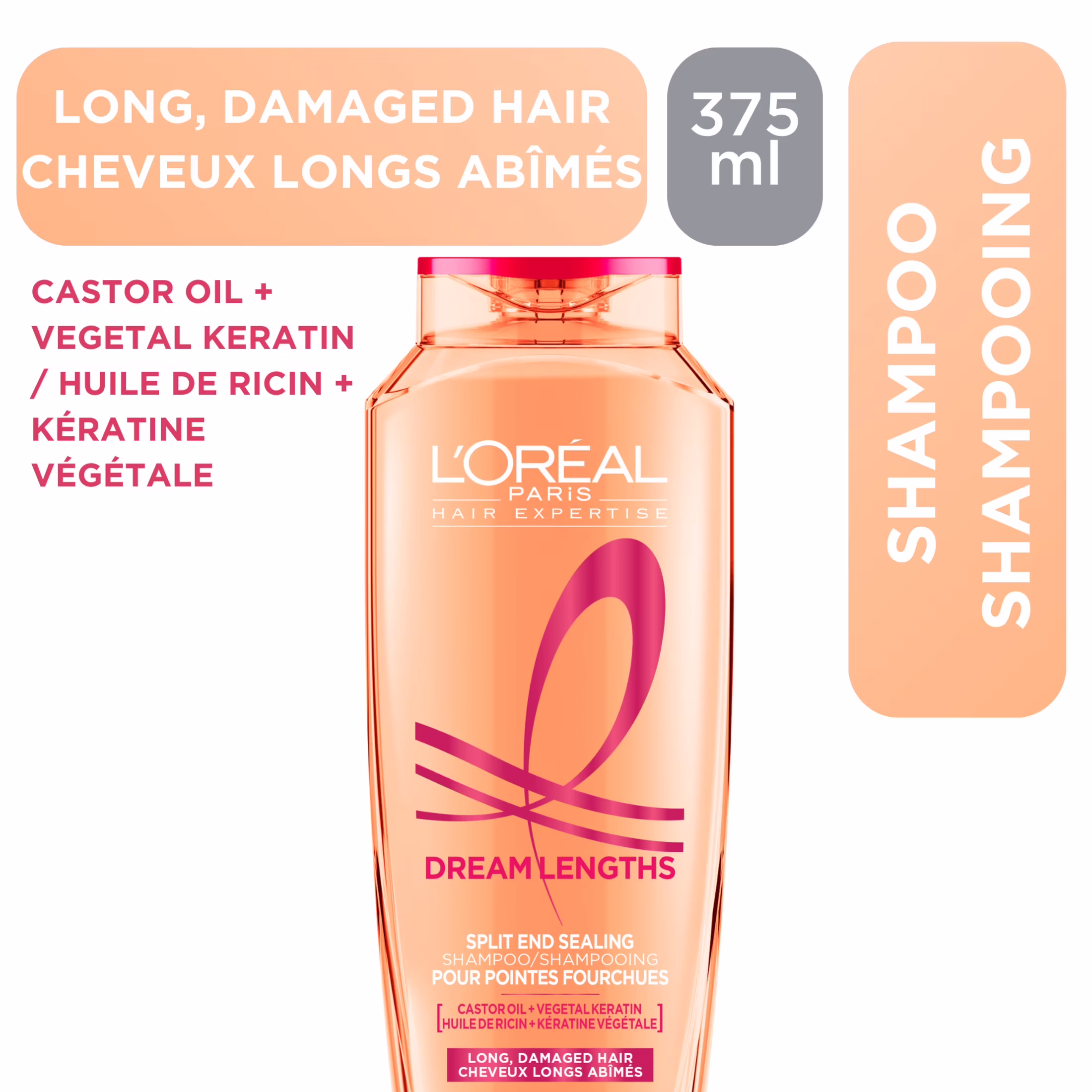 L'oréal paris hair expertise dream lengths split end sealing shampoo. with castor oil and vegetal keratin for long. damaged hair.  discipline les frisottis