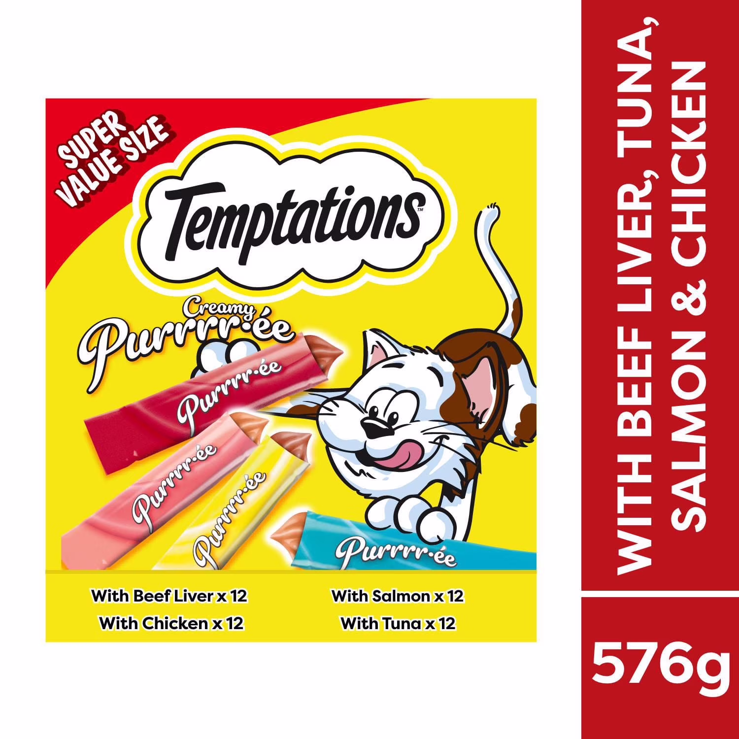 Temptations purée crémeuse avec foie de bœuf. avec saumon. avec poulet et avec thon gâteries à lécher pour chats adultes 48 tubes