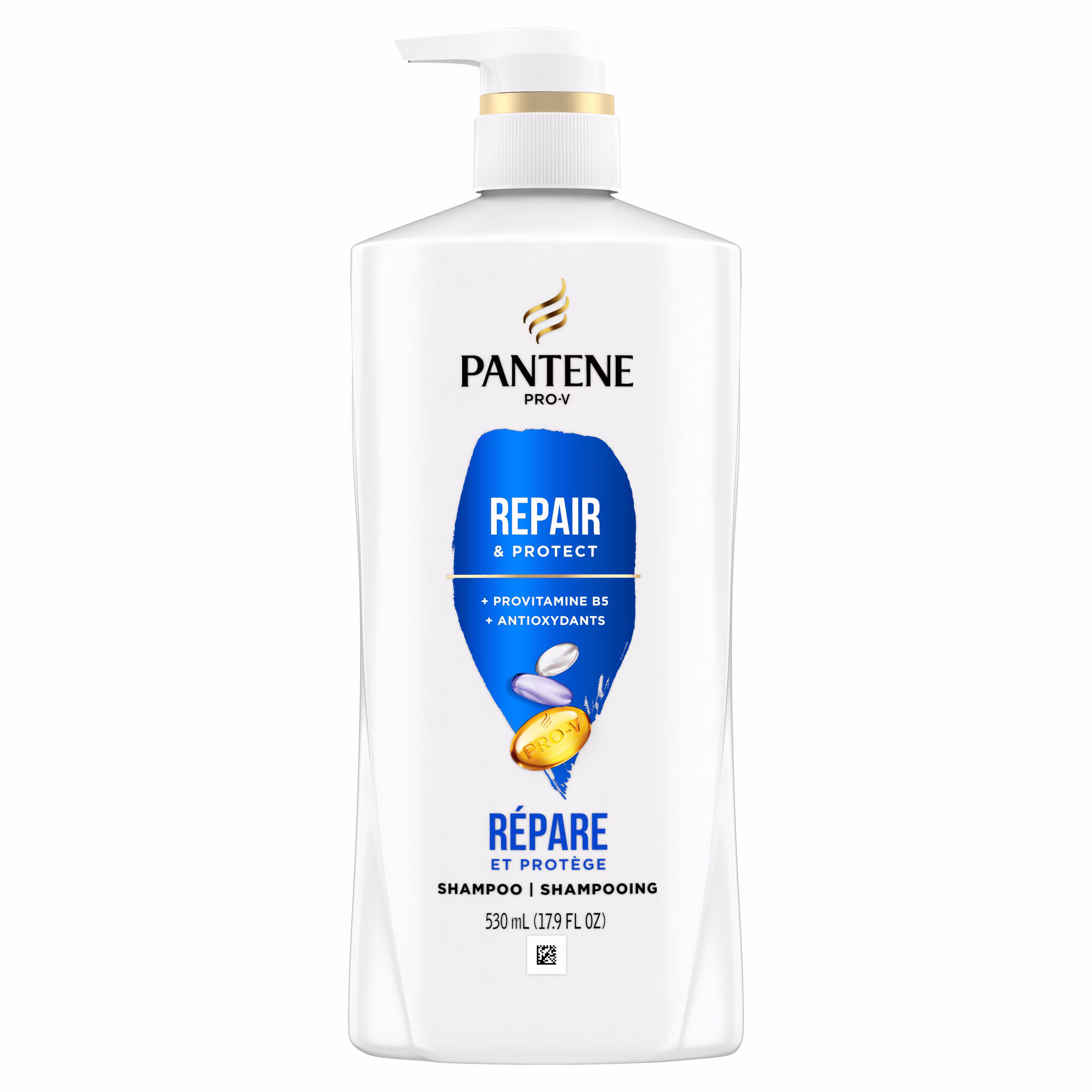 Shampooing pantene. répare et protège pour les cheveux abîmés ou décolorés. nettoie en douceur. démêle les cheveux. sûr pour les cheveux colorés