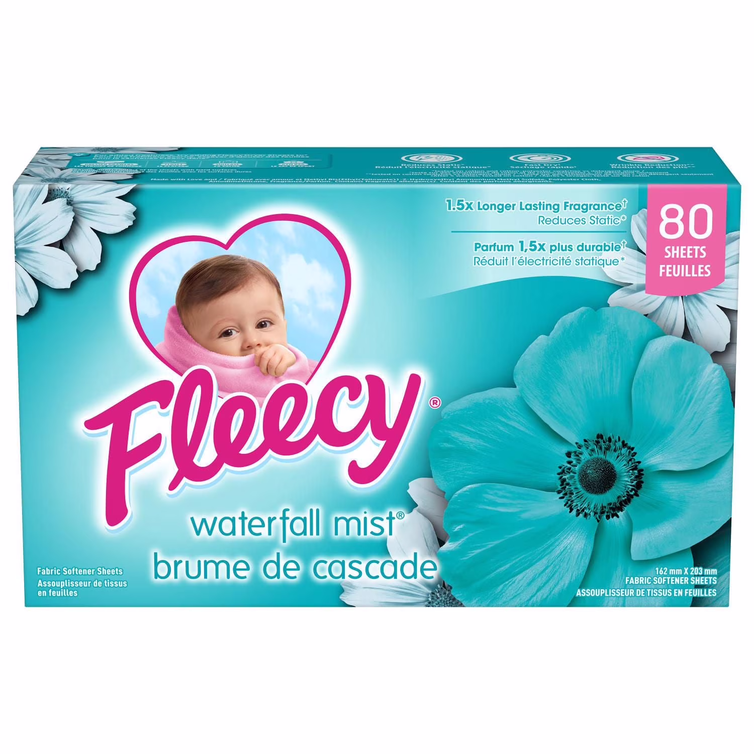 Fleecy feuilles assouplissantes pour sécheuse. parfum brume de cascade. 80 unités 160 mm x 203 mm80 unités