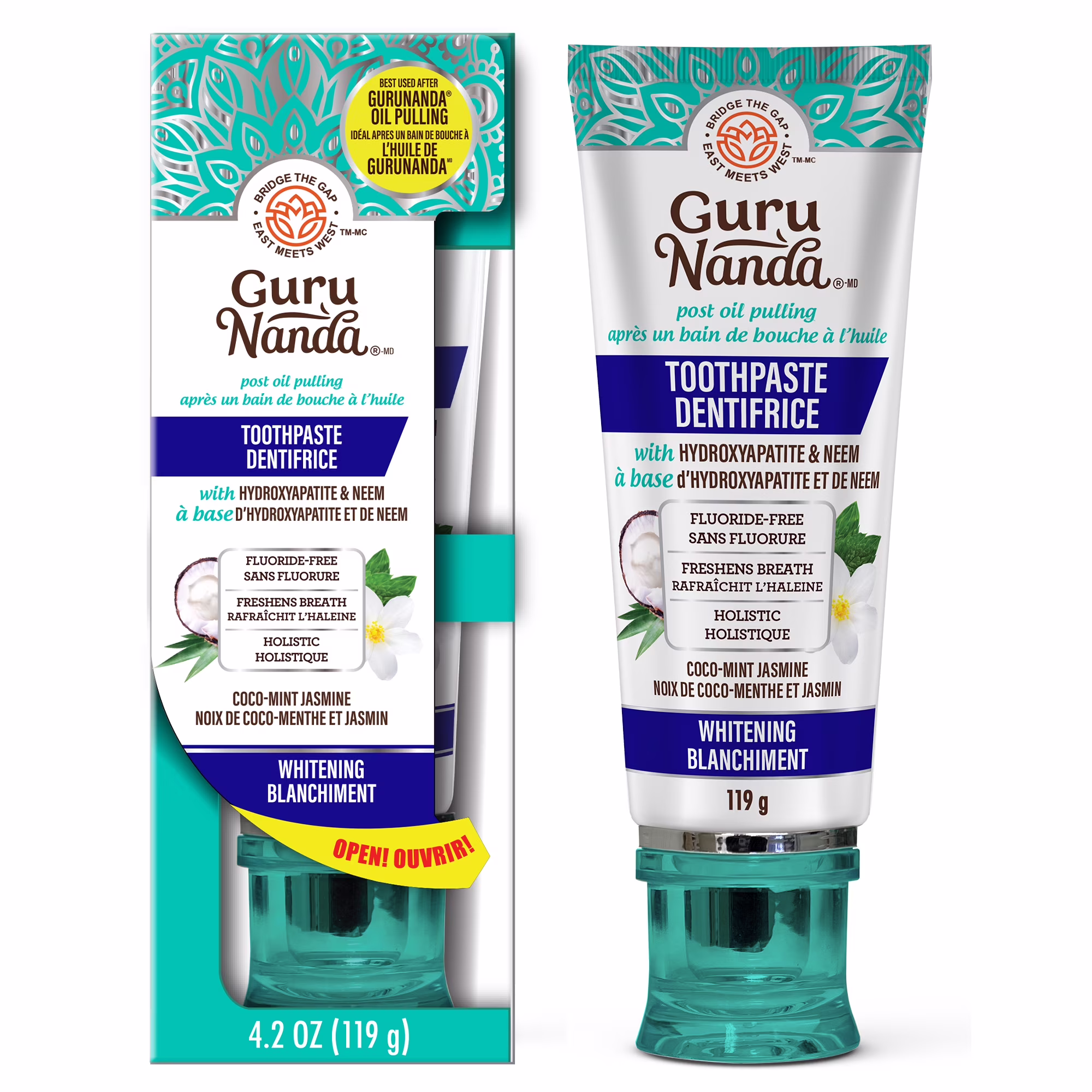 Gurunanda dentifrice blanchissant avec neem & hydroxyapatite. noix de coco-menthe et jasmin. sans fluorure.