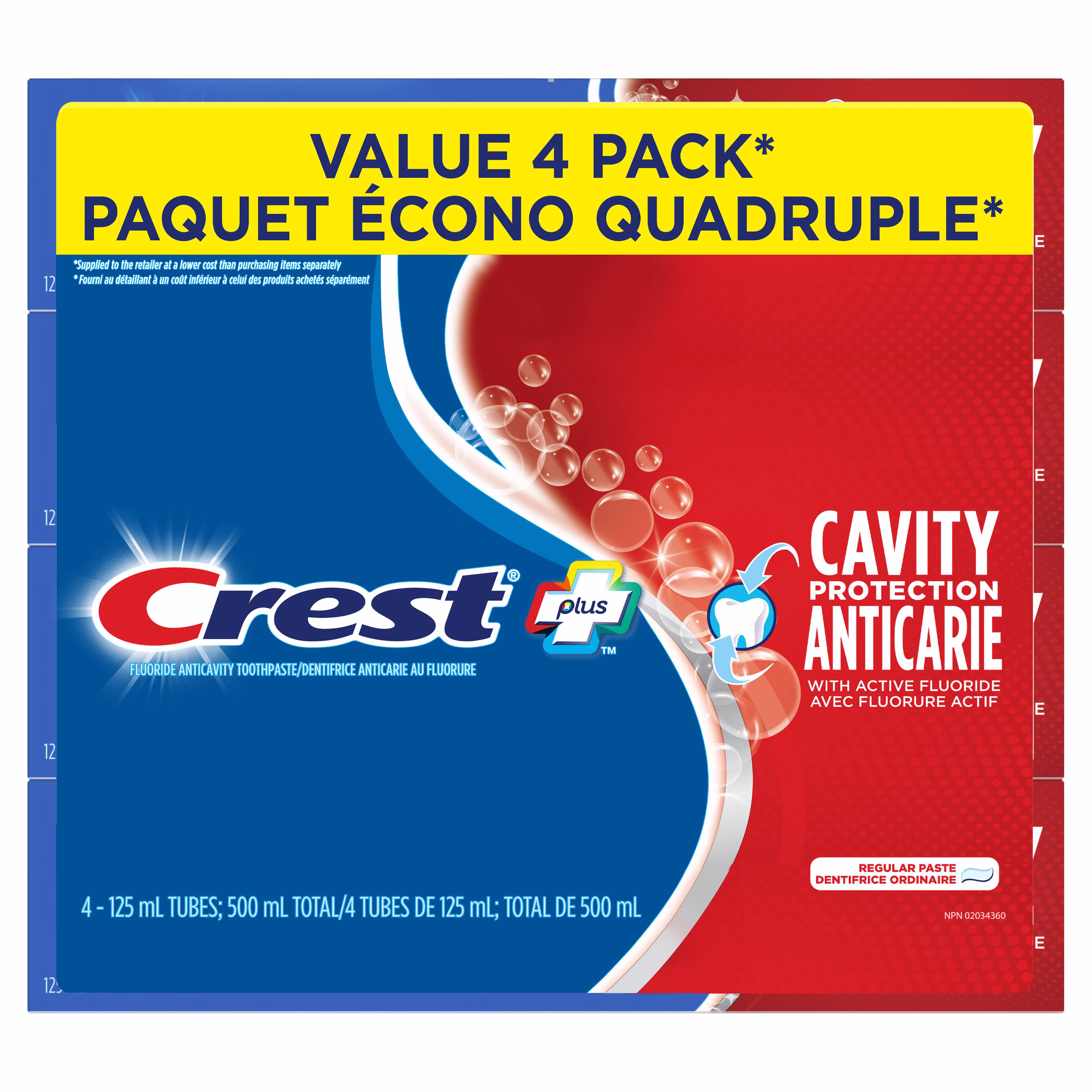 Dentifrice crest plus protection anticarie. dentifrice régulier. 4x