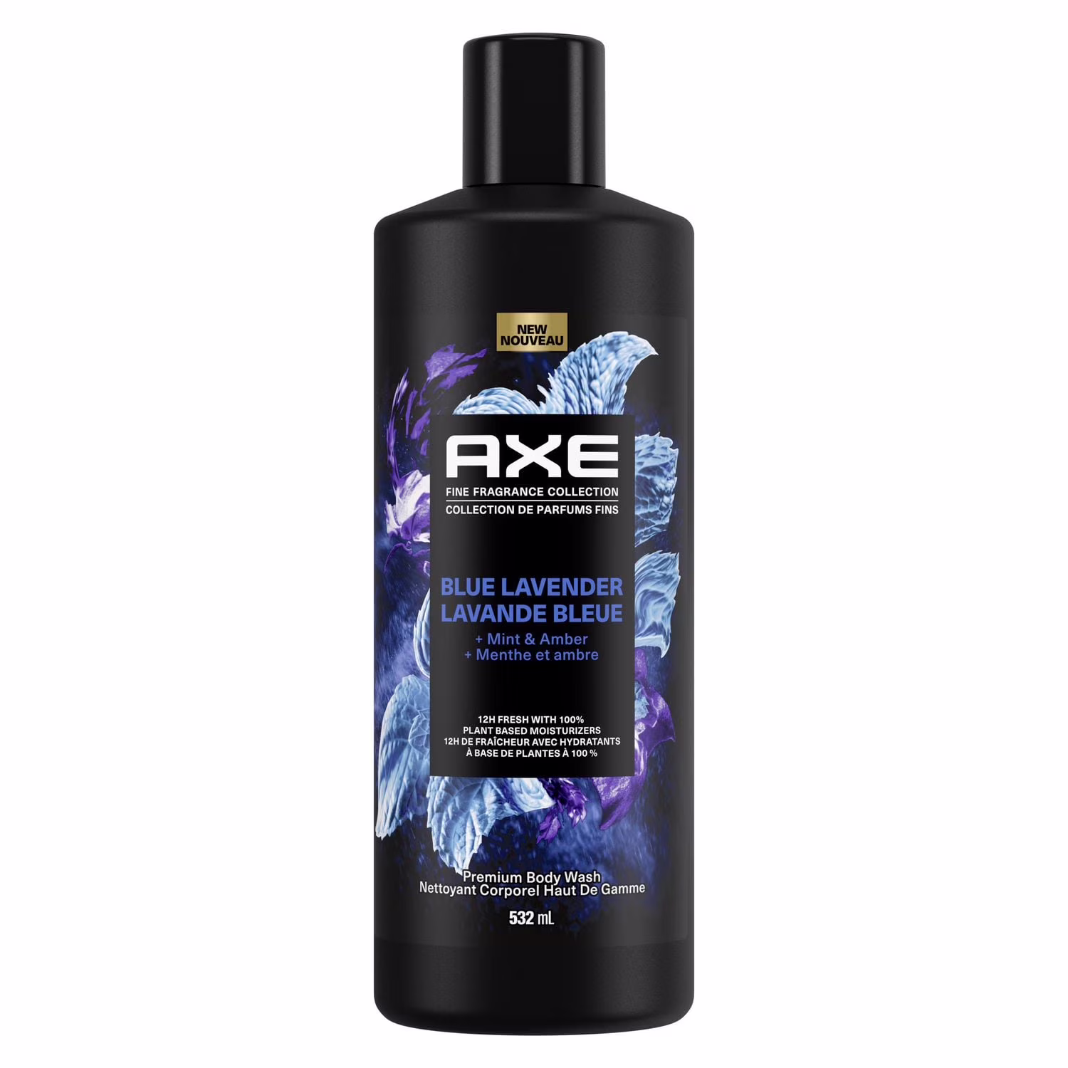 Gel douche pour hommes 12h de senteur rafraîchissante axe collection de parfums fins lavande bleue infusé avec des huiles essentielles de lavande. menthe et ambre.