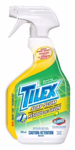 Nettoyant tilex pour résidus de savon.  le détachant et désinfectant1 tilex au parfum de citron en vaporisateur dissout les résidus de savon. nettoie les surfaces et tue 99 % des germes tout en laissant derrière lui un frais parfum de citron.