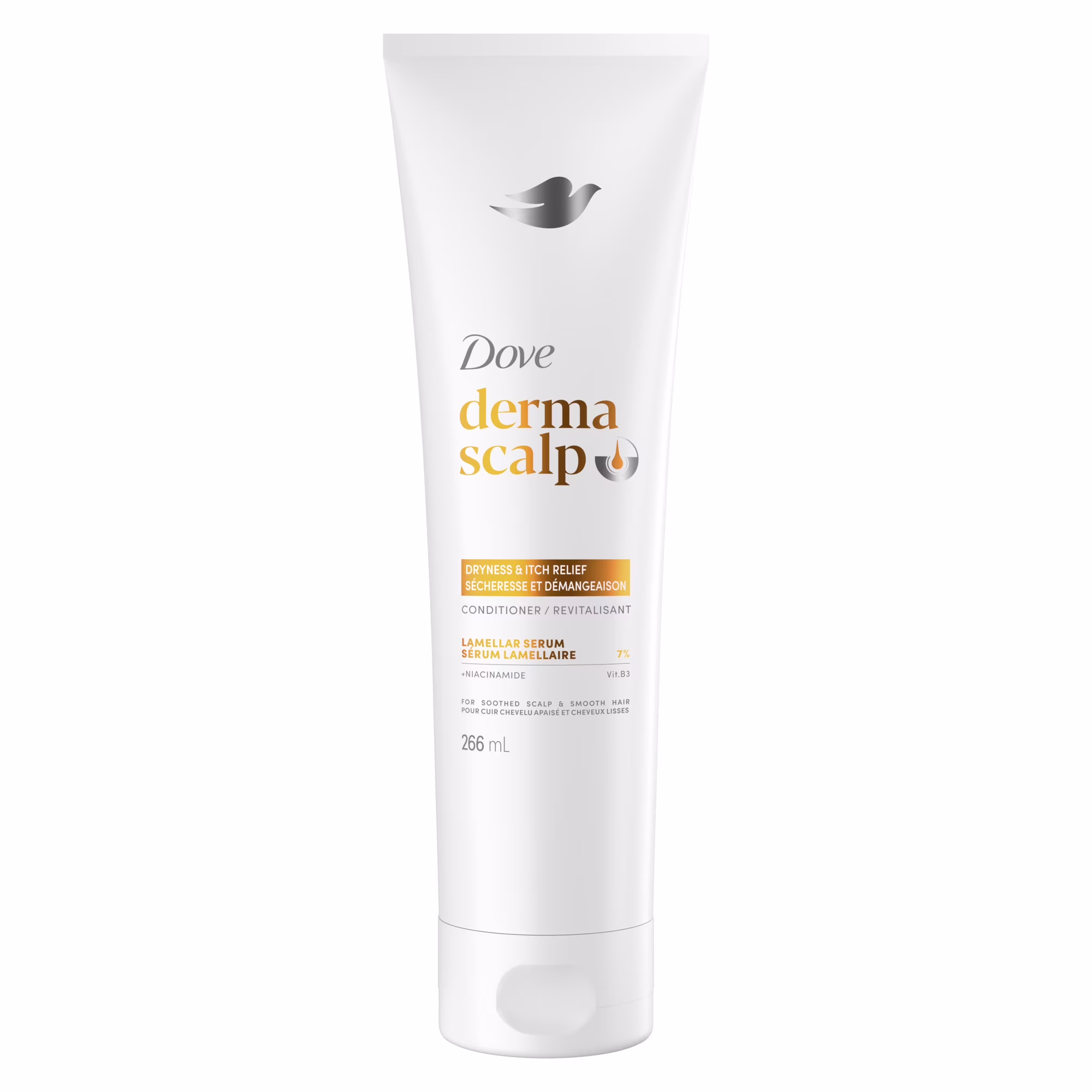 Revitalisant pour apaiser le cuir chevelu et lisser les cheveux dove derma scalp sécheresse + démangeaison avec niacinamide et glycérine.