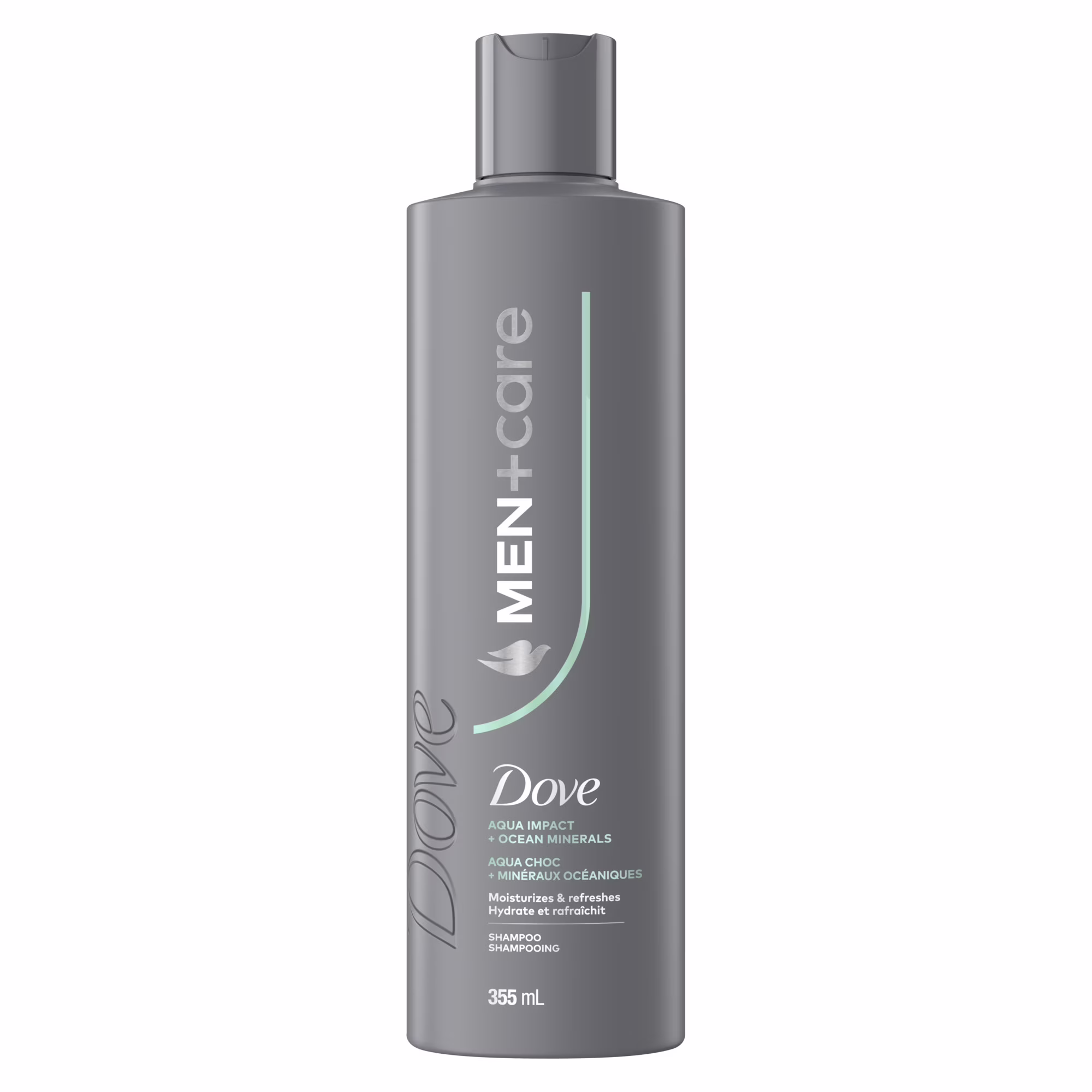 Shampooing avec minéraux marins. dove men+care aqua impact hydrate et nourrit les cheveux.