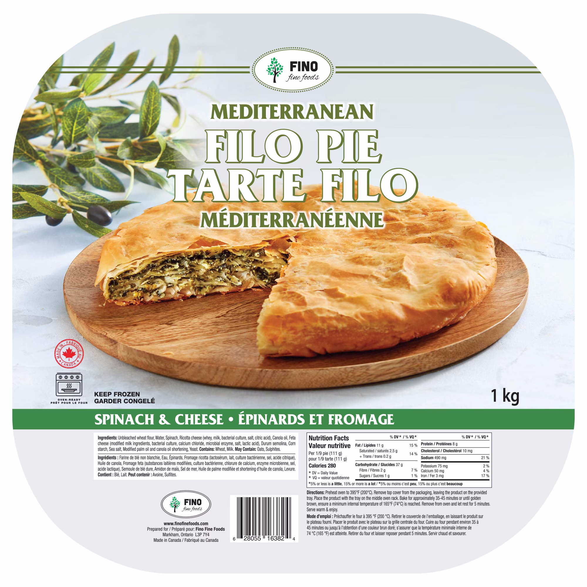 Fino fine foods tarte filo méditerranéenne épinards 1kilogramme tarte filo méditerranéenne épinards et fromage
