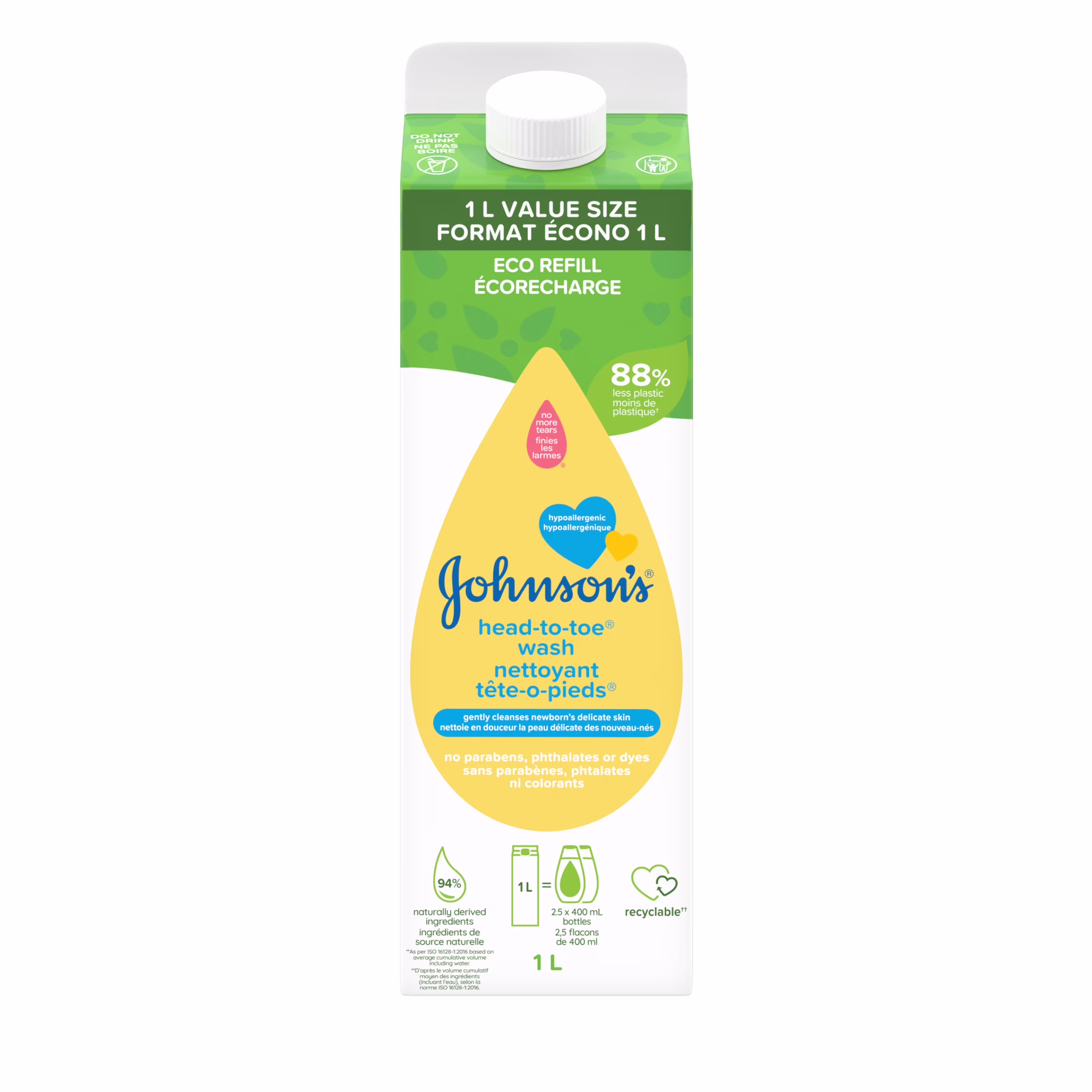 Écorecharge du nettoyant johnson's tête-o-pieds. . nettoie la peau délicate de bébé. nettoyant hypoallergénique. sans parabènes 2t-5t