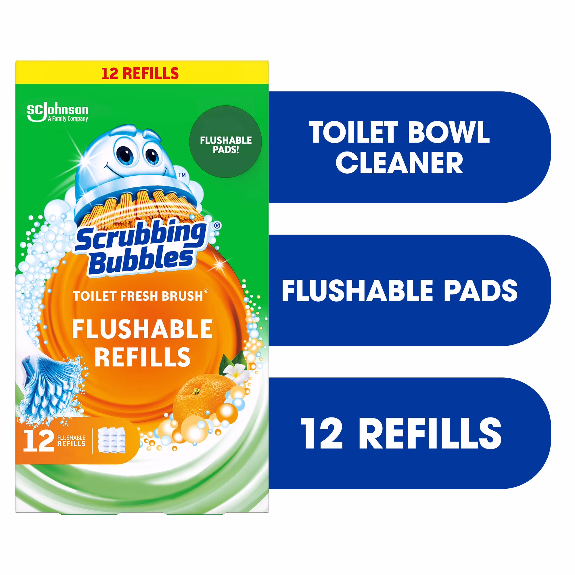 Scrubbing bubbles brosse fraîcheur toilette. recharges jetables dans les toilettes. parfum agrumes. 12 tampons 12 tampons jetables
