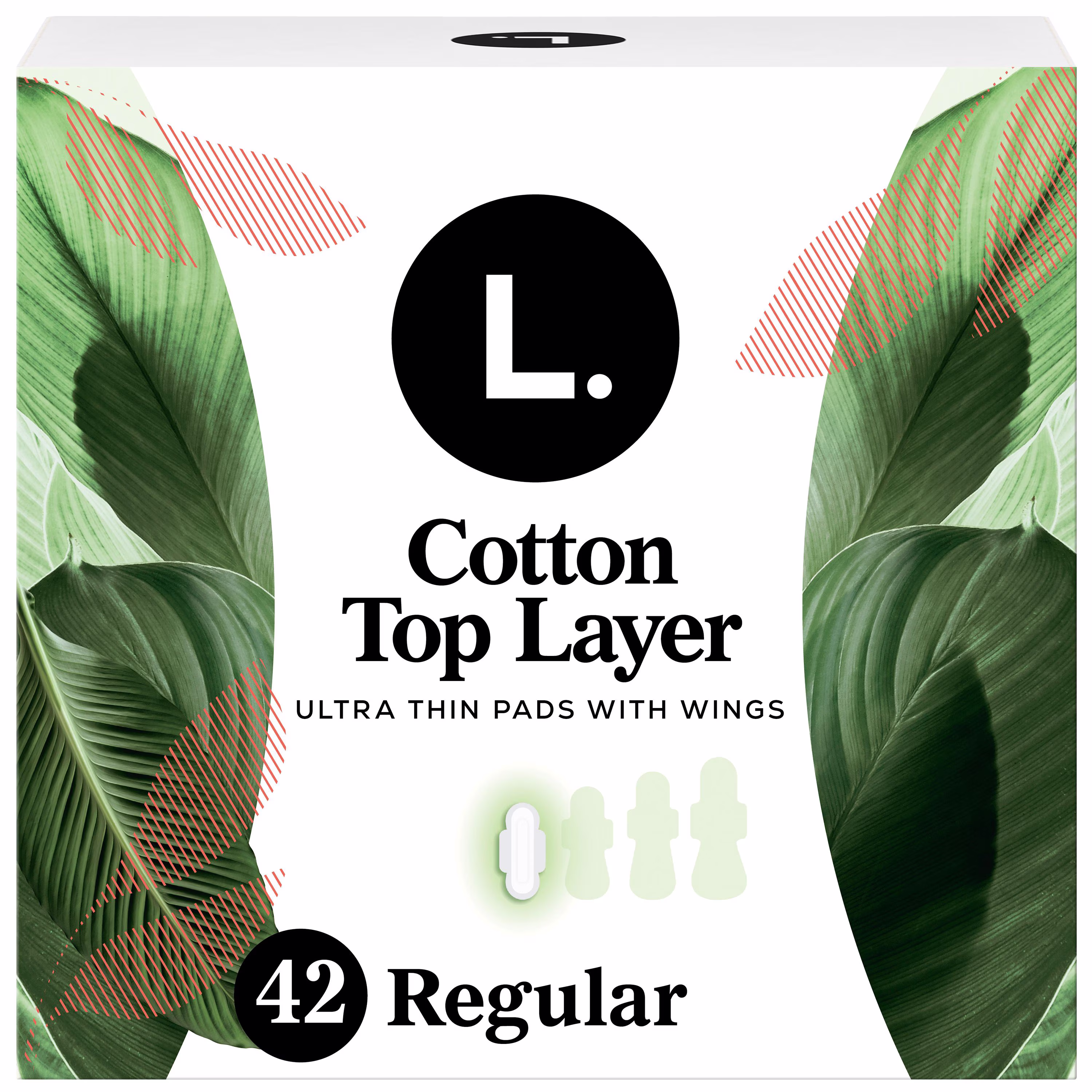 Serviettes l. ultraminces pour femmes. degré dabsorption régulier. voile supérieur en coton perméable à lair. non parfumées. avec ailes. 42serviettes