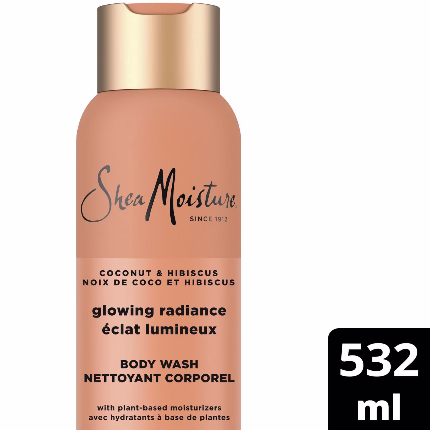Sheamoisture nettoyant corporel éclat radieux à la noix de coco et à l'hibiscus pour une hydratation visible de 24h pour une peau saine et éclatante.