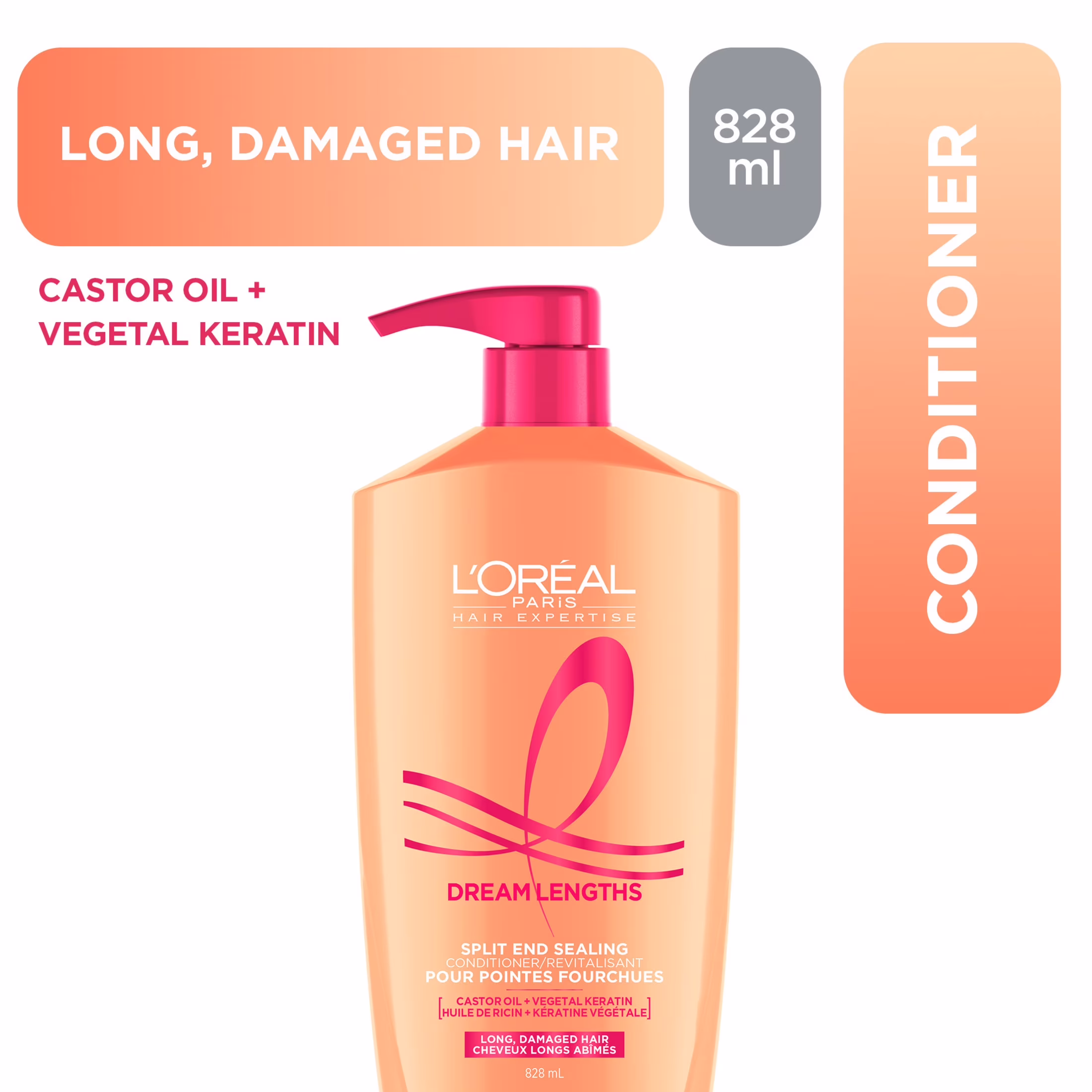 L'oréal paris hair expertise dream lengths split end sealing conditioner. with castor oil and vegetal keratin for long. damaged hair.  discipline les frisottis
