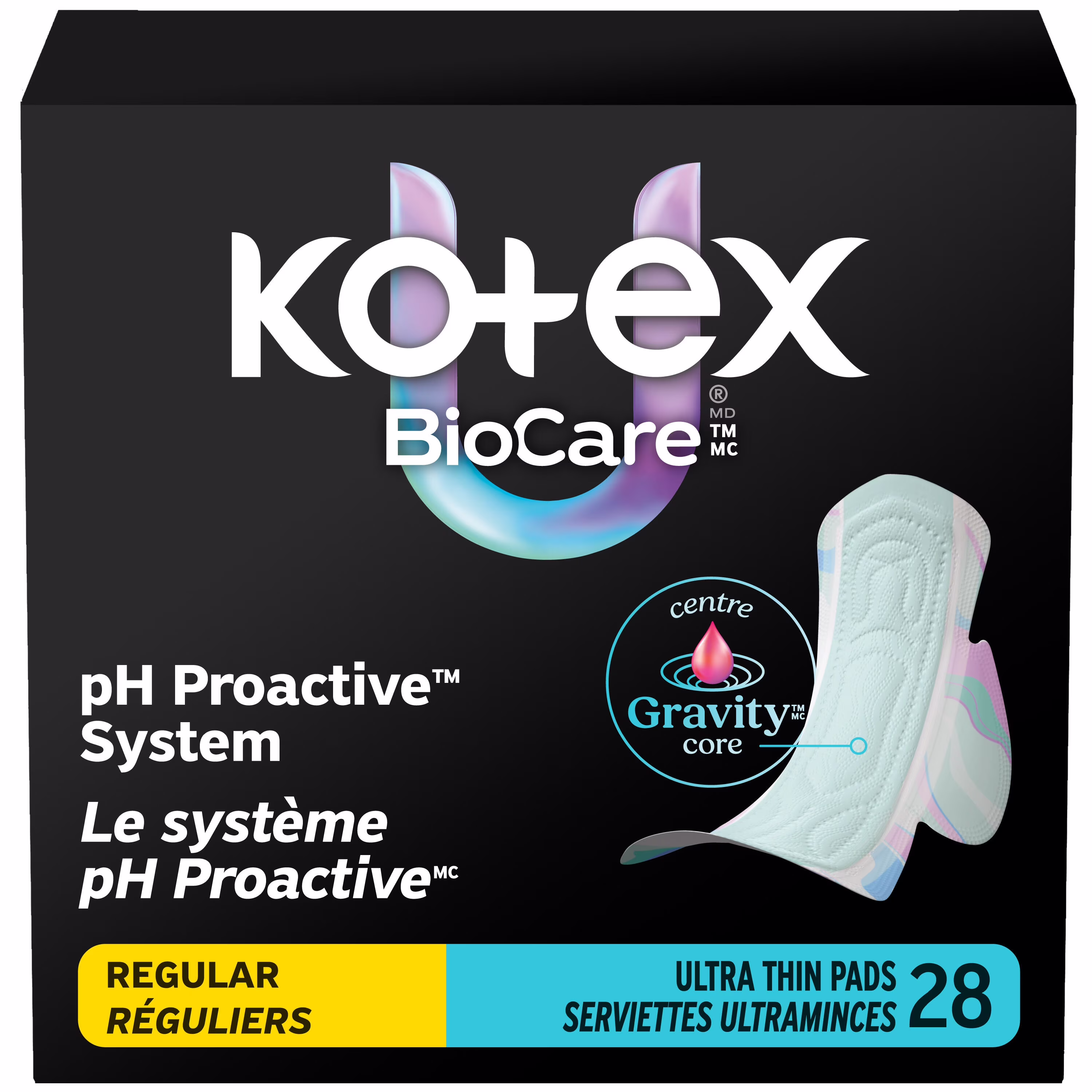 Serviettes ultraminces kotex biocare avec ailes. absorption régulière. 28 unités