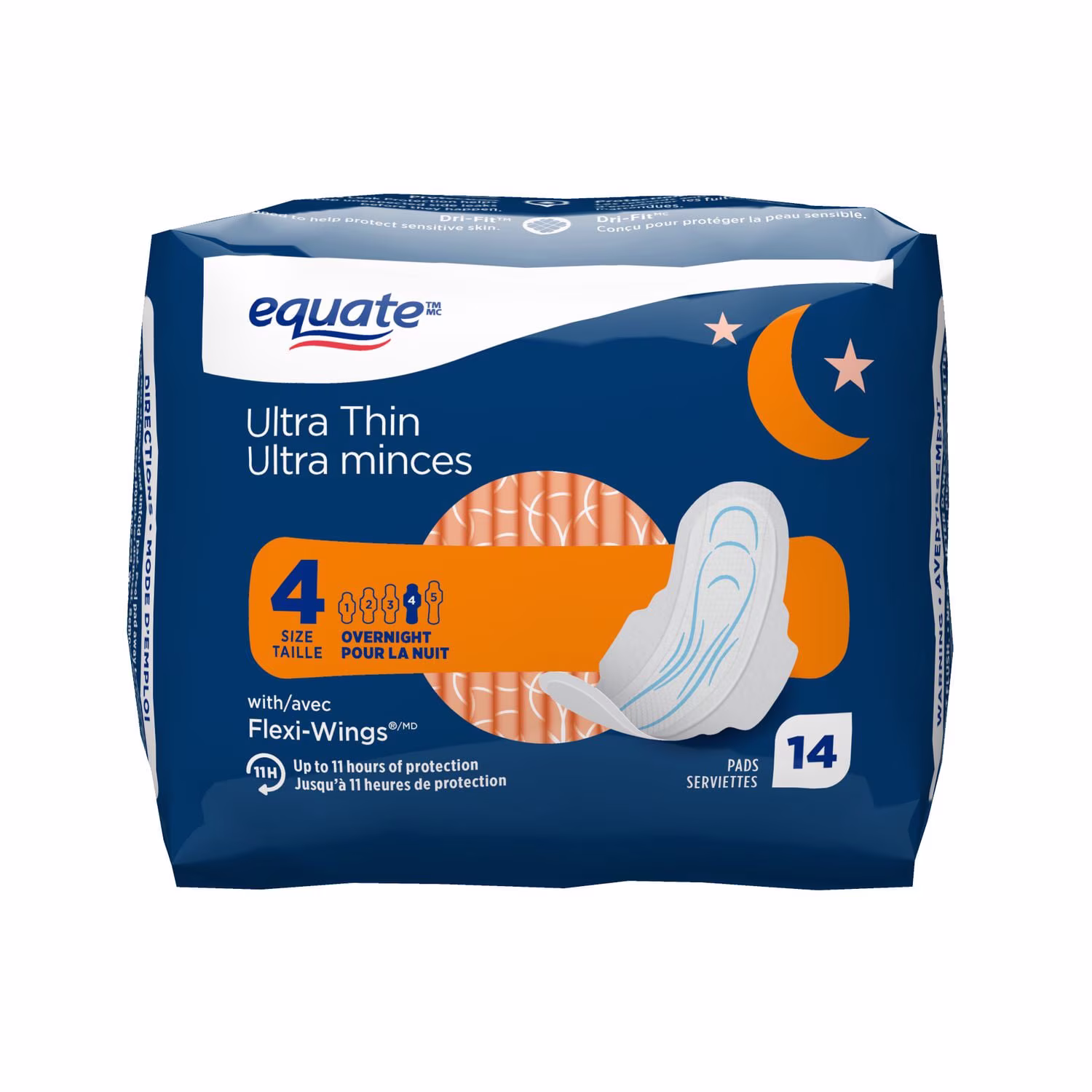 Serviettes ultra minces equate à absorption de nuit avec flexi-wings. taille& 4. 14& unités 14& serviettes ultra minces. taille& 4. sans parfum. avec flexi-wings