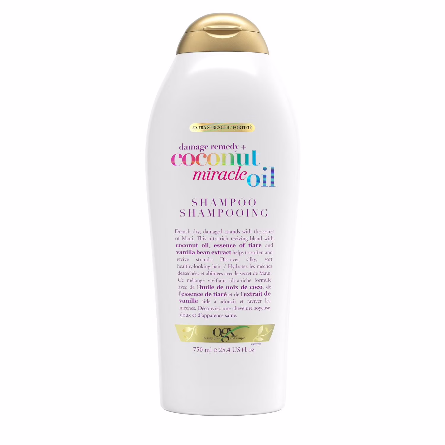 Shampooing ogx fortifié damage remedy + coconur miracle oil. cheveux secsfrisés. sans parabènes ni surfactants sulfatés