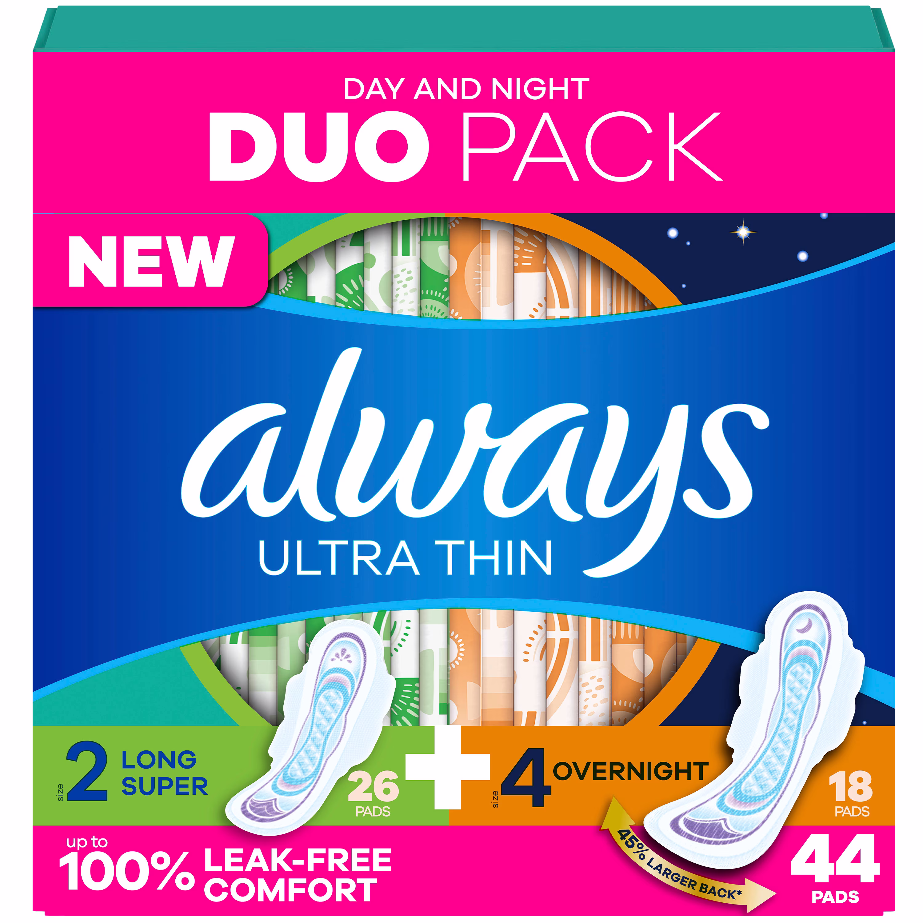 Serviettes always ultra mince. emballage duo. longues. degré dabsorption super et 4 serviettes de nuit. pour femmes. taille 2. non parfumées. 44 serviettes