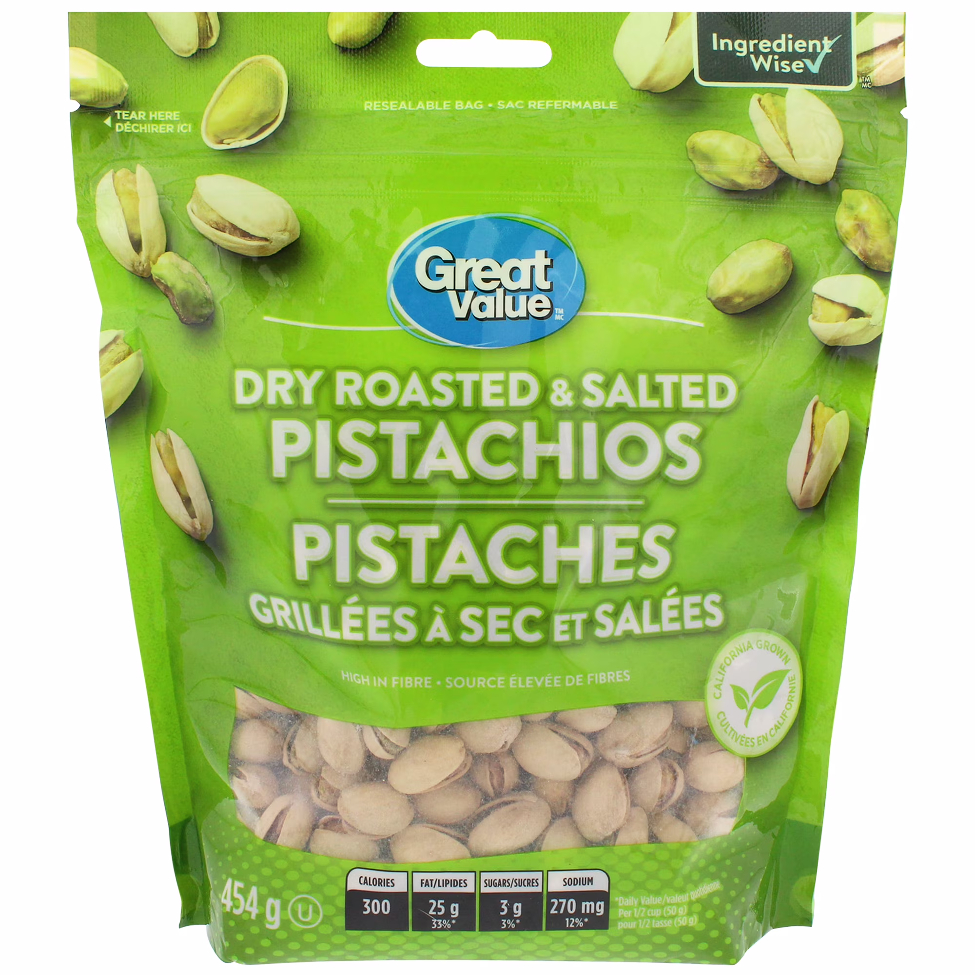 Pistaches grillées à sec et salées great value. sac refermable de
