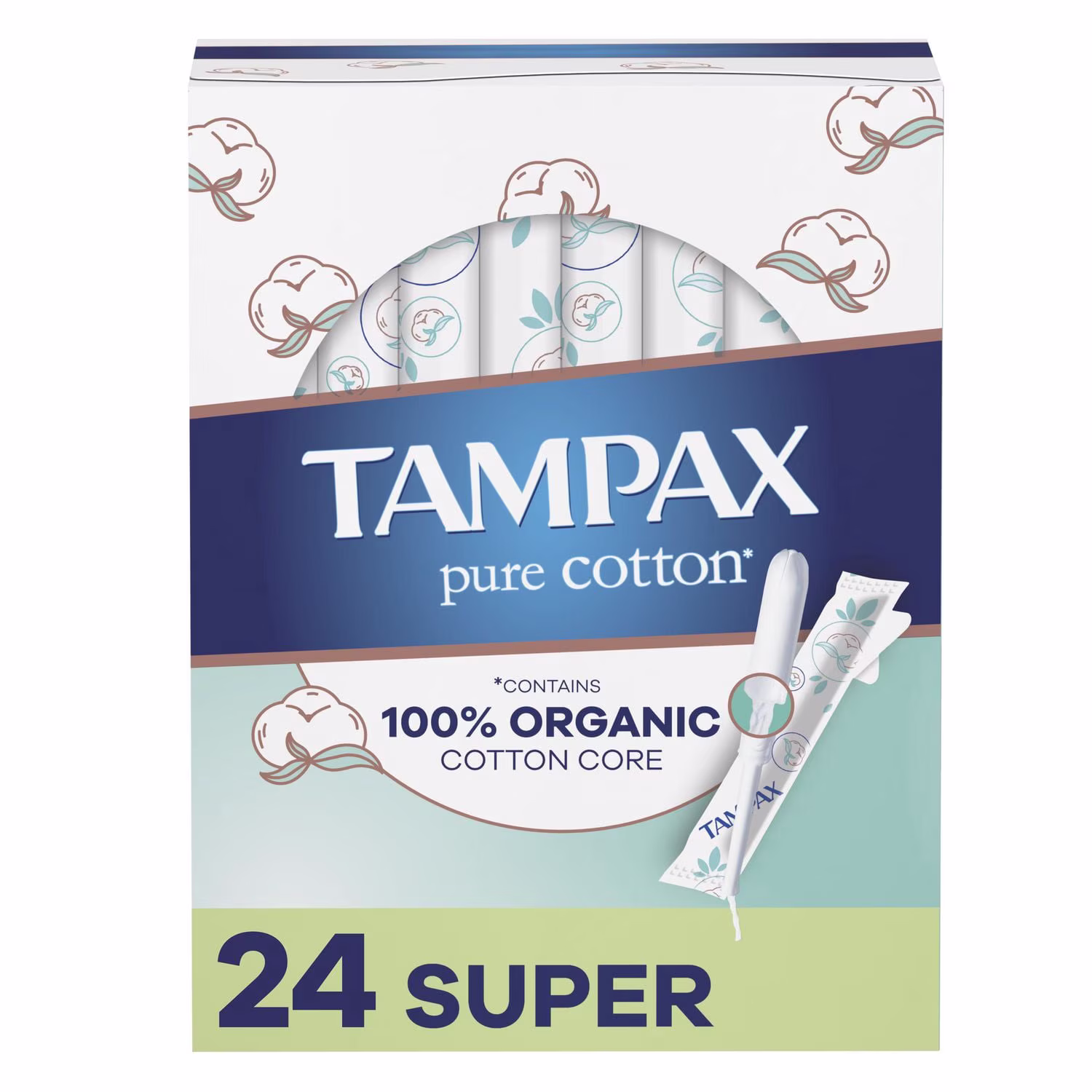 Tampax tampons pur coton. contient un cœur en coton biologique à 100 %. absorption super. non parfumés