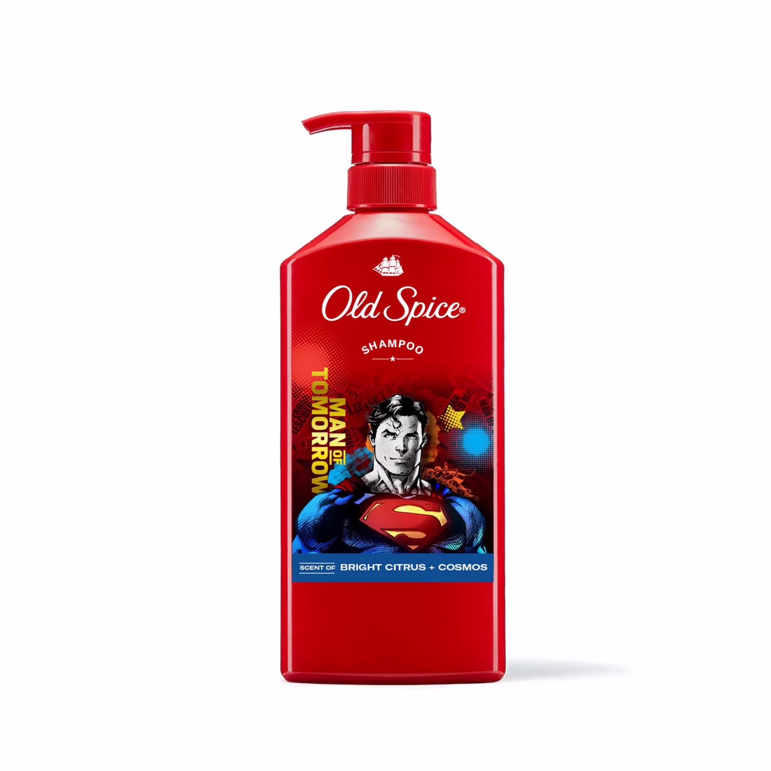 Old spice shampooing x superman. l'homme de demain. collaboration dc comics. cheveux d'apparence plus sains. plus fournis. plus hydratés. parfum d'agrumes éclatants + cosmos