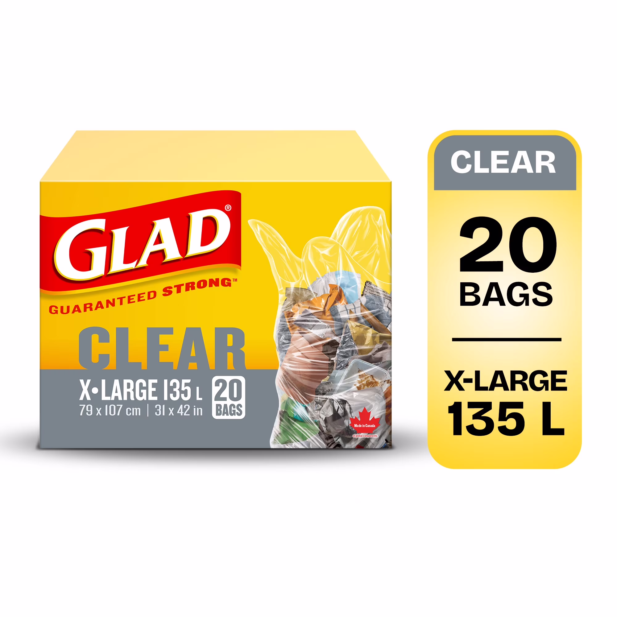 Sacs à ordures transparents de glad. boîte de 20 très grands sacs à ordures