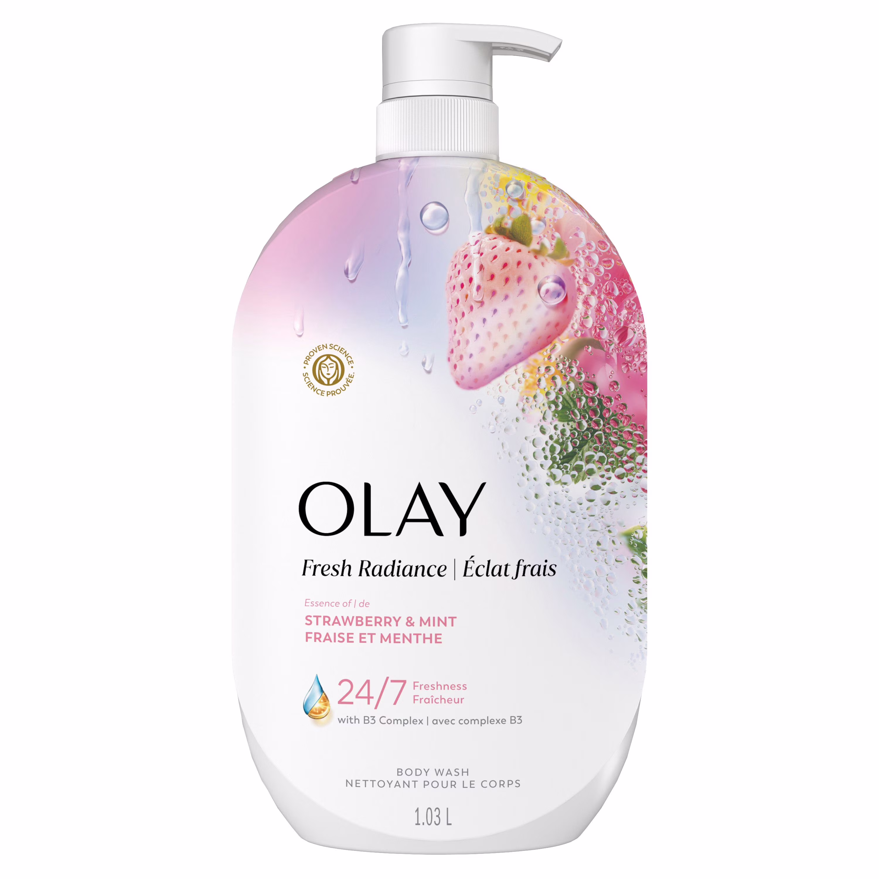 Nettoyant pour le corps Éclat frais avec essence de fraise et de menthe et mélange de vitamine B3 et dantioxydants