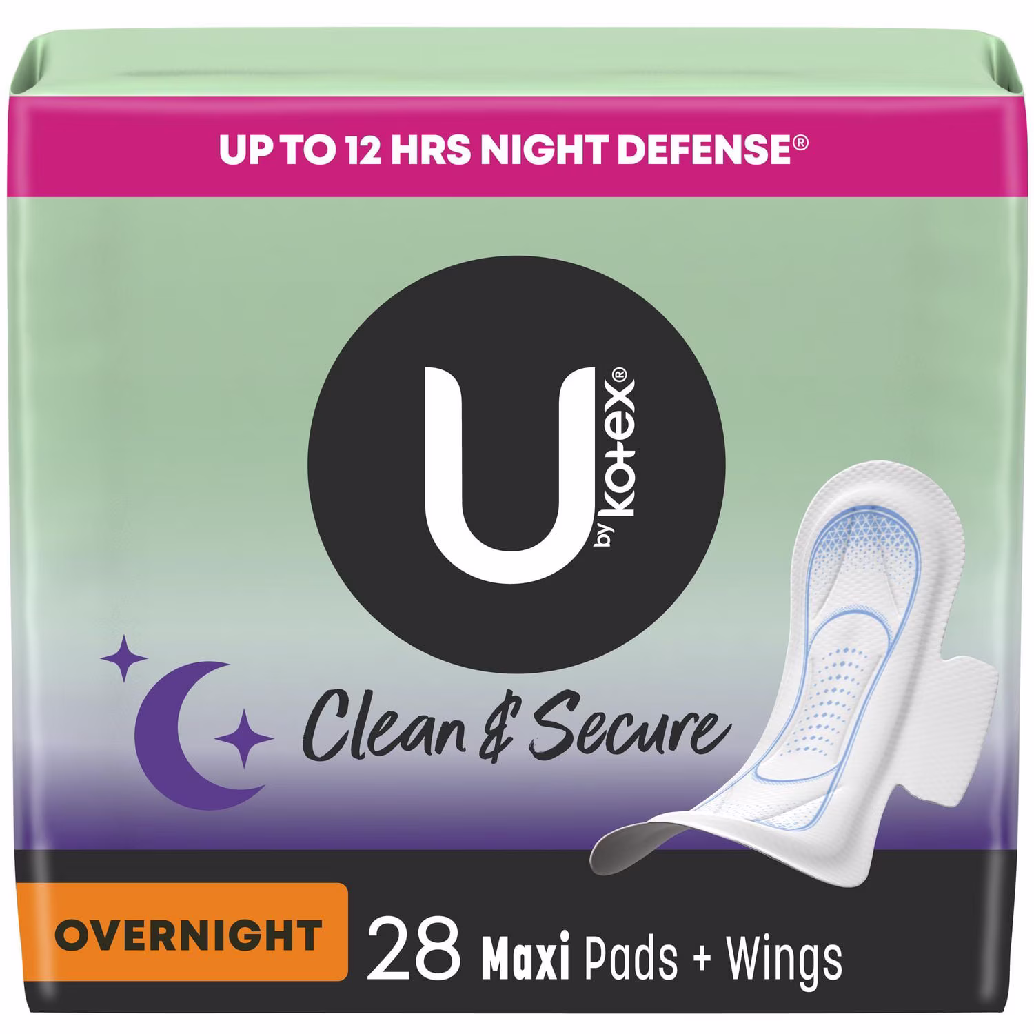 U by kotex clean & secure serviettes hygiéniques maxi pour la nuit avec ailes. non parfumées
