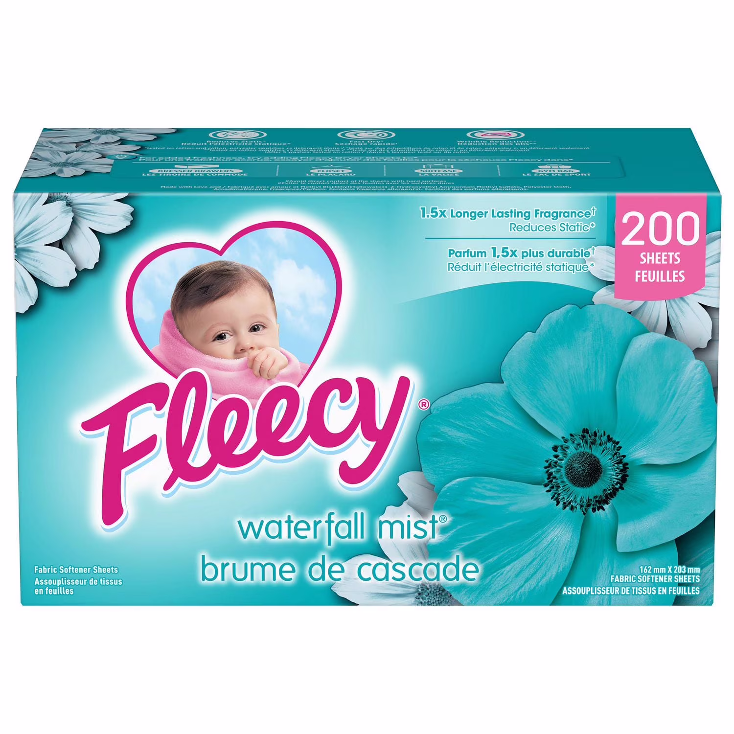 Fleecy assouplisseur de tissus (revitalisant pour tissus) en feuilles pour sécheuse. brume de cascade 200 unités