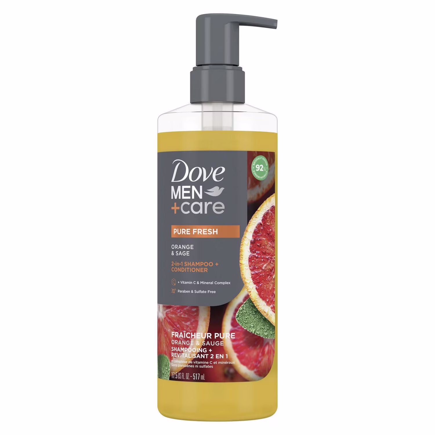 Dove men+care shampooing + revitalisant 2-en-1 fraîcheur pure orange et sauge.