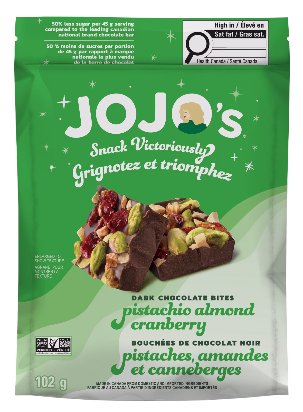Jojo's chocolat bouchees de chocolat noir postaches. amandes. et canneberges