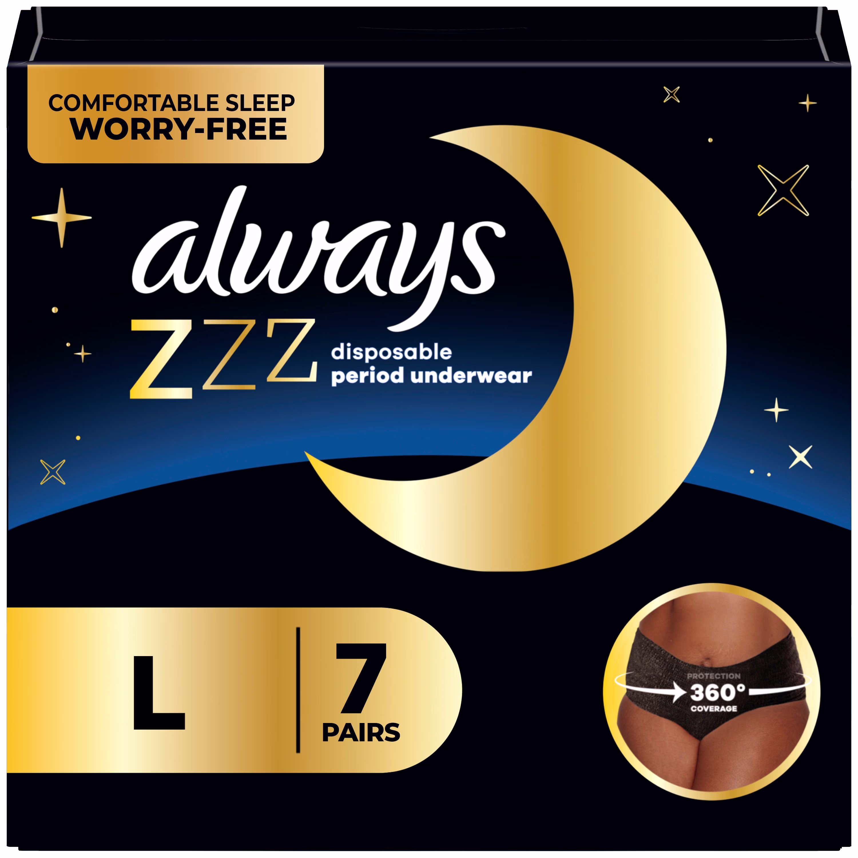 Sous-vêtements jetables pour les règles always zzz de nuit. protection à 360 pour des nuits sans tracas. pour femmes. tailleg. 7sous-vêtements 7ct
