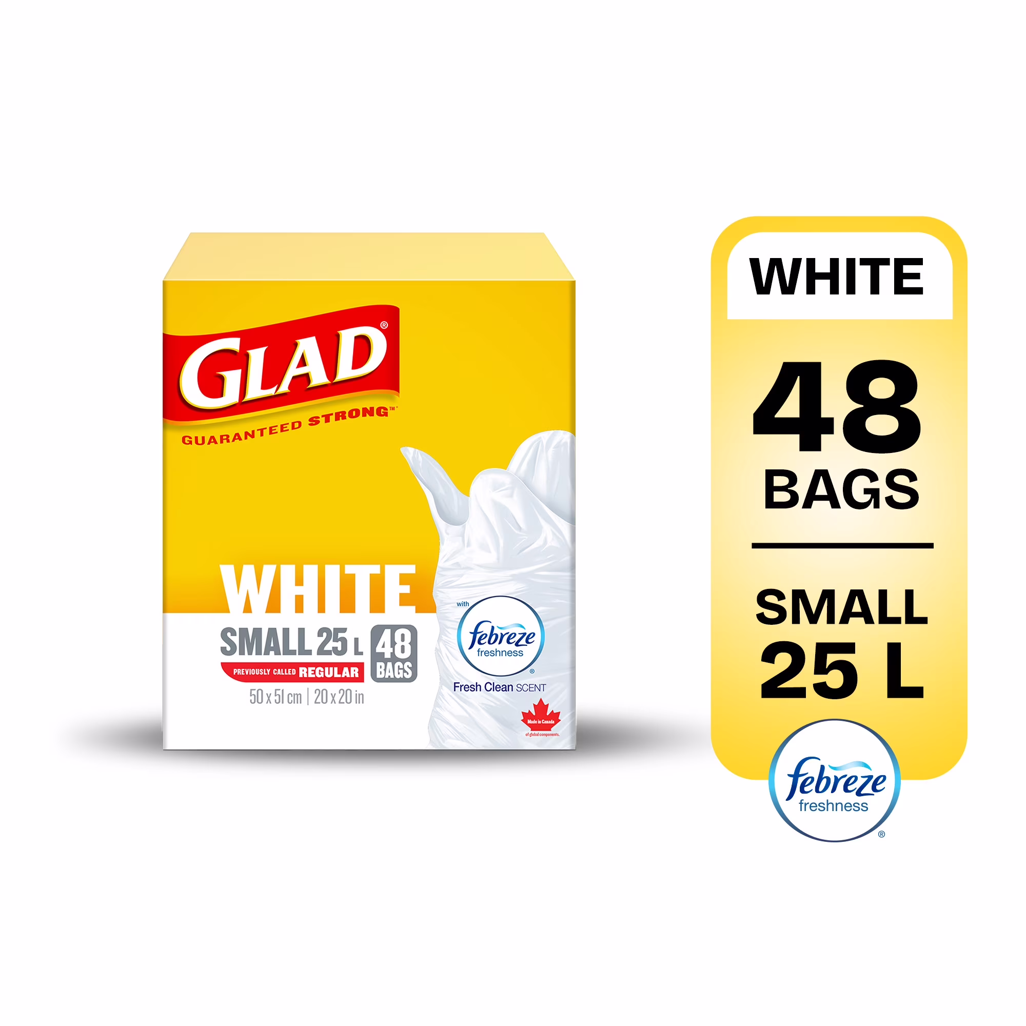 Petits sacs à ordures blancs de glad avec senteur fraîche et propre de febreze fraîcheur. boîte de 48 sacs à ordures