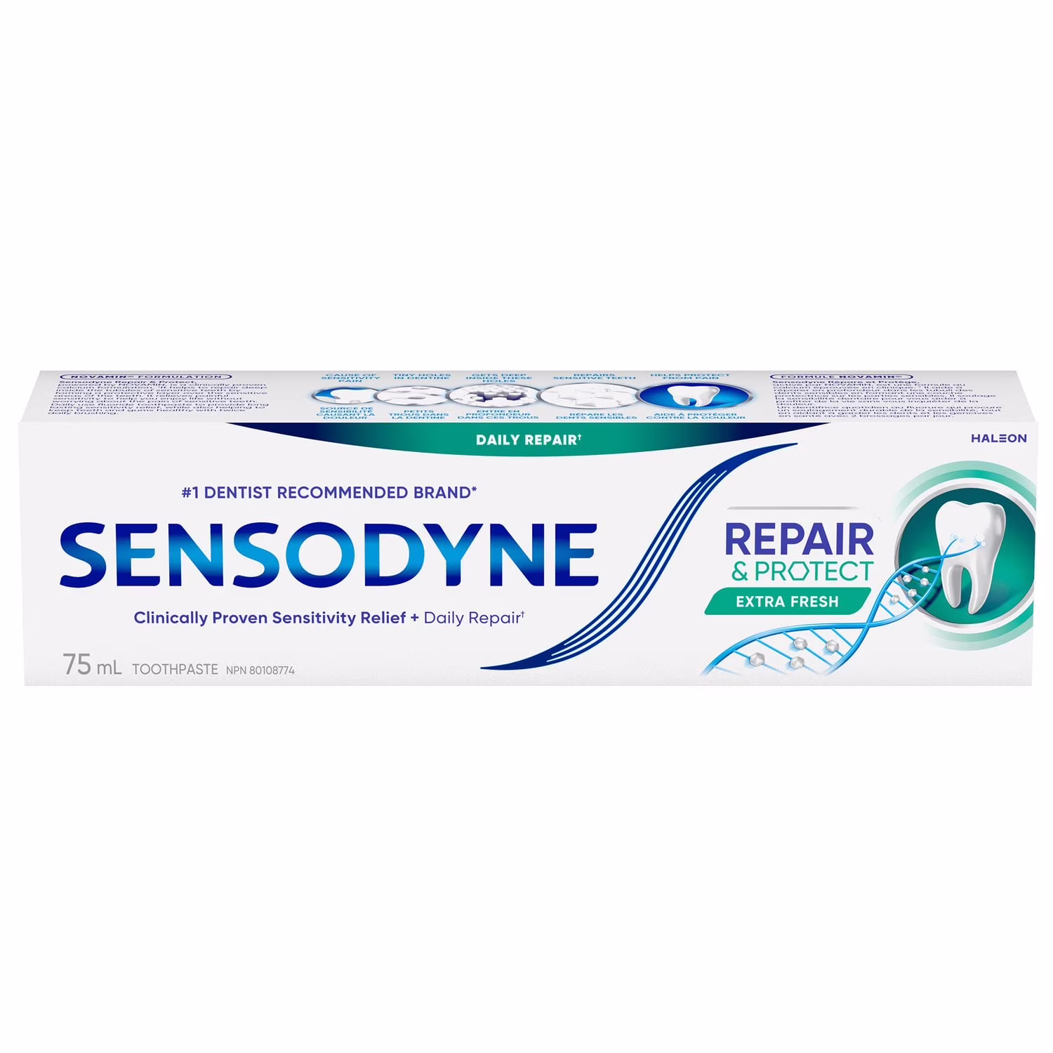 Dentifrice sensodyne répare et protège extra-frais pour dents sensibles.