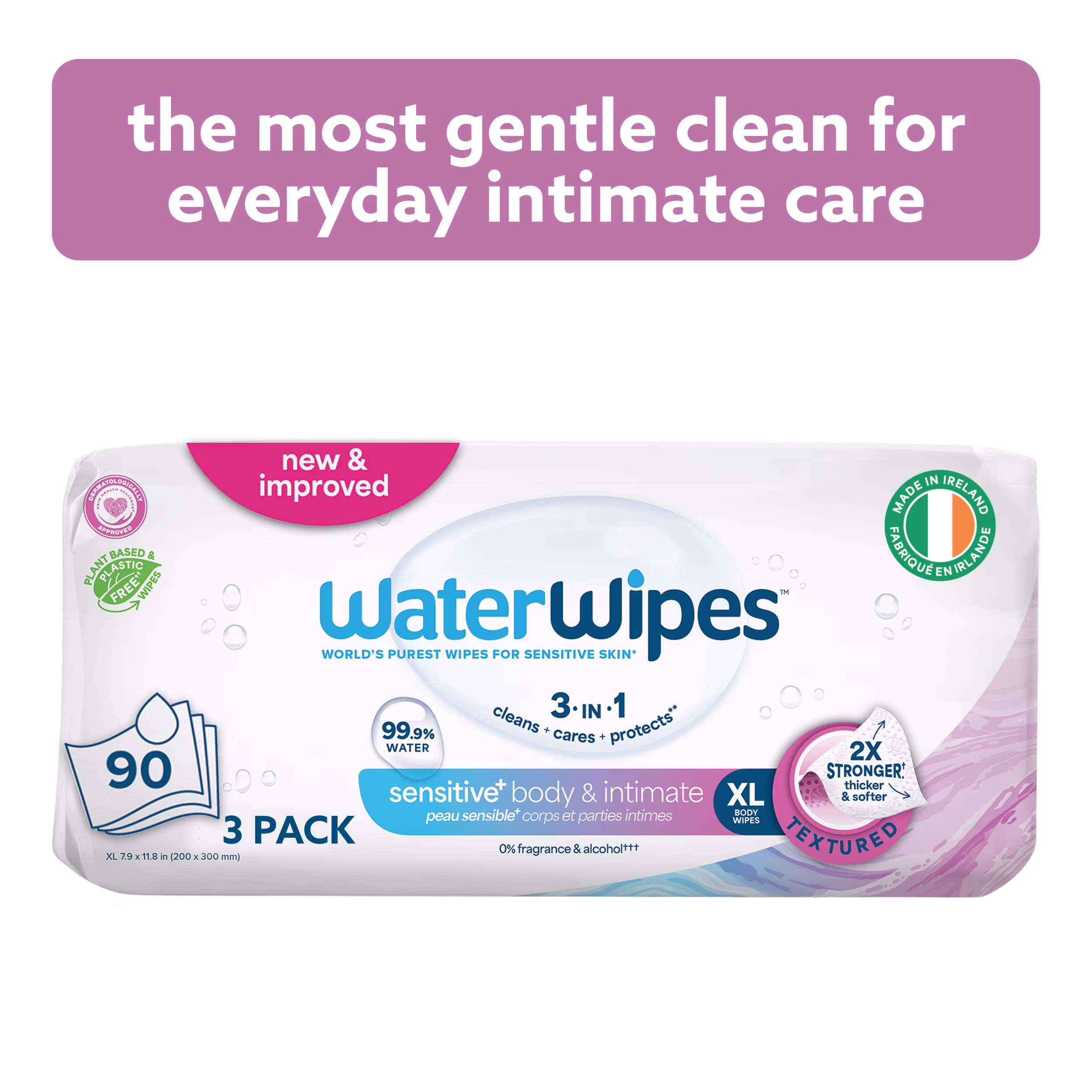 Waterwipes sensitive+ body & intimate wipes. 3-en-1 nettoie. soigne. protège. 99.9 % d'eau. lingettes humides non parfumées. adult care 90 unites (3 paquets)