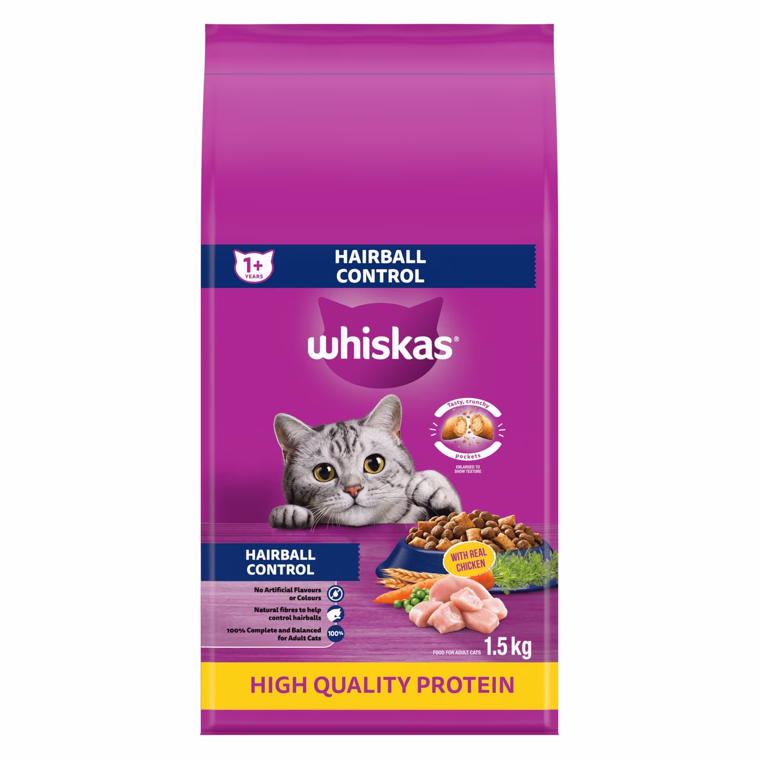 Nourriture sèche pour chats whiskas protéines de haute qualité contrôle des boules de poils avec poulet véritable