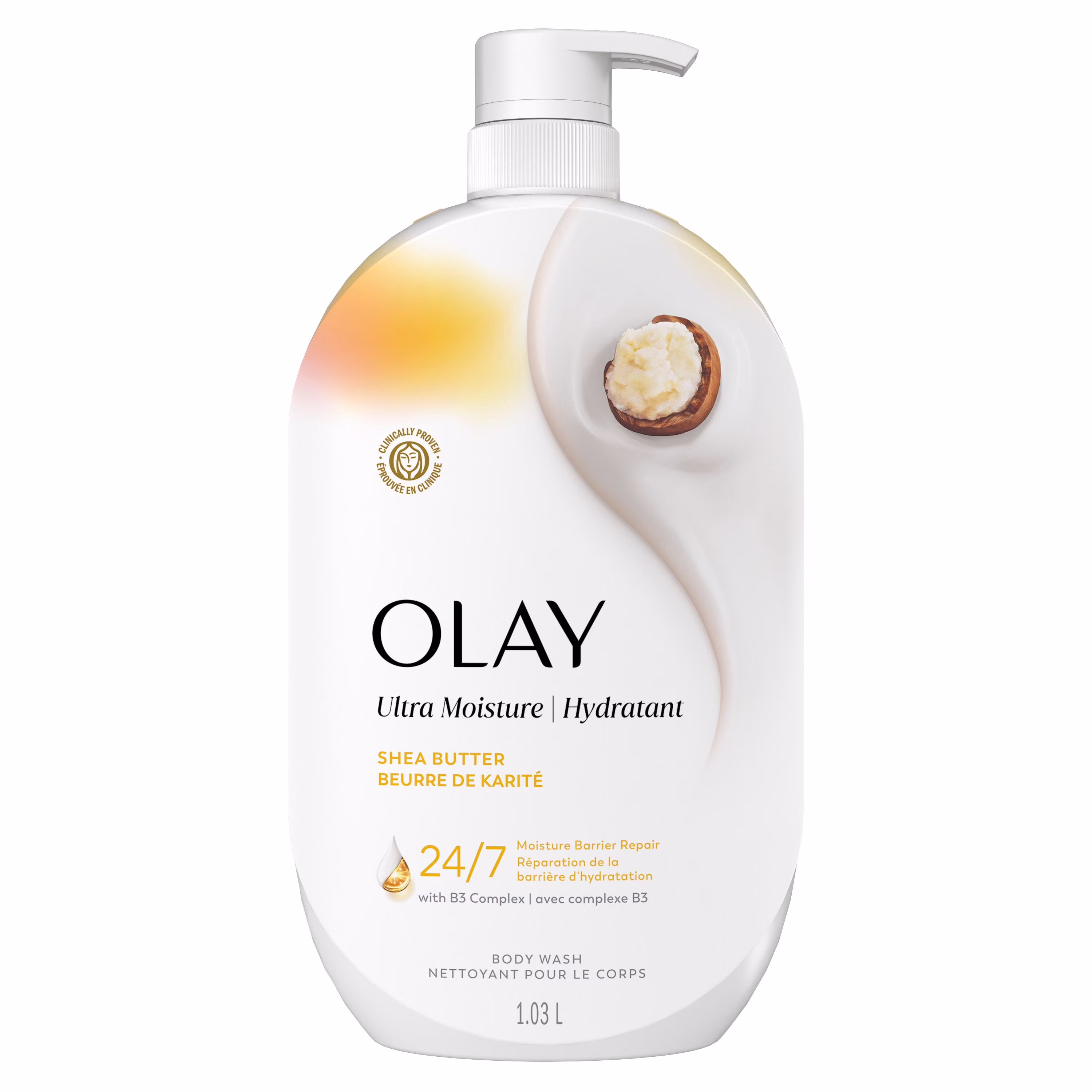 Nettoyant pour le corps olay ultra hydratant avec beurre de karité. vitamine b3 et mélange hyaluronique. 1
