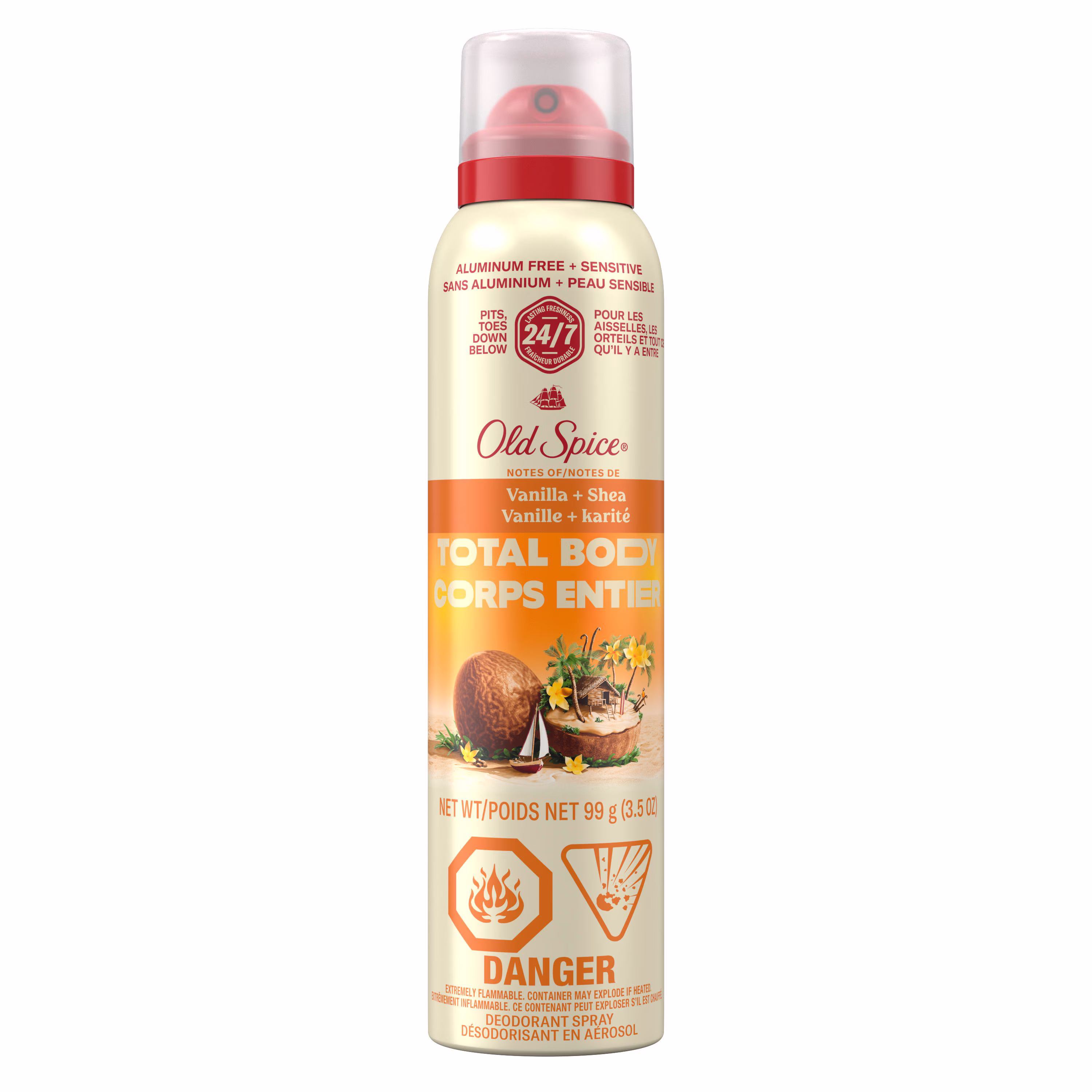 Désodorisant pour lensemble du corps old spice sans aluminium en vaporisateur. vanille et karité. fraîcheur 247 des aisselles aux orteils et sous la ceinture  désodorisant pour lensemble du corps testé sous contrôle dermatologique
