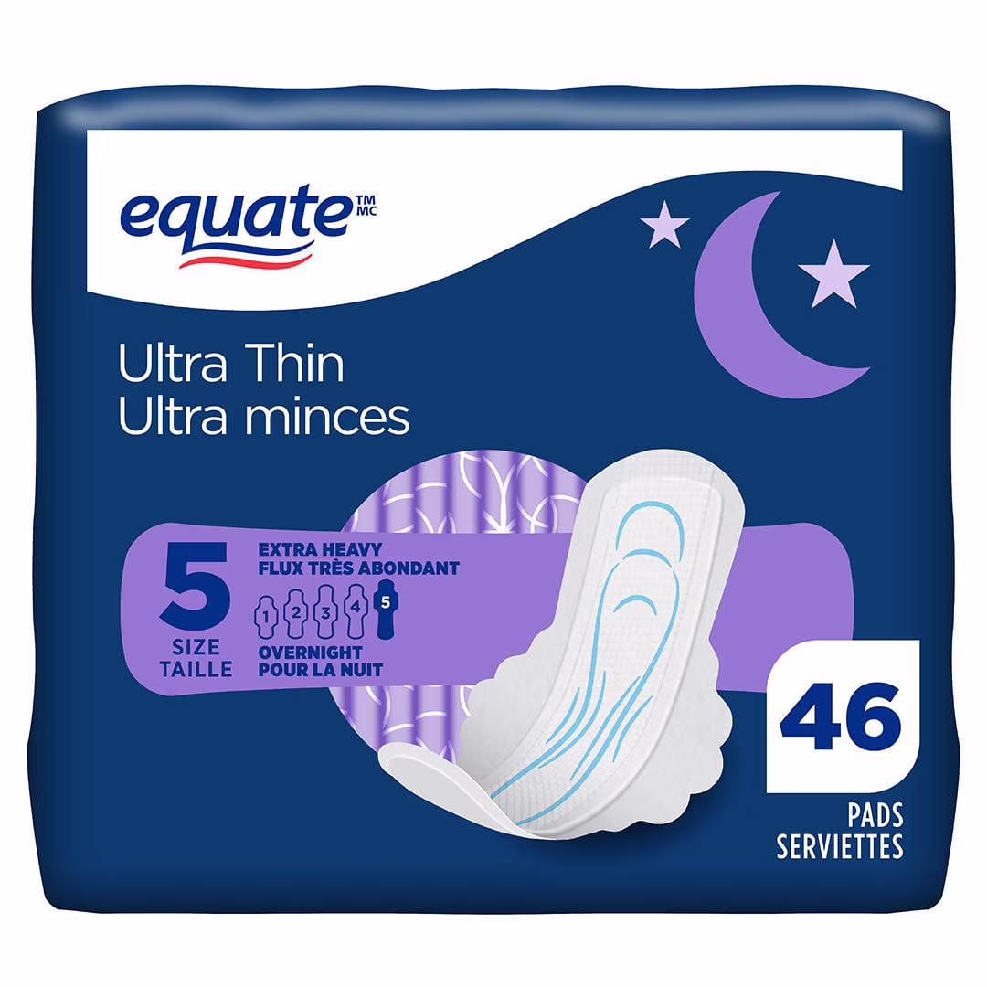 Serviettes ultra minces equate à absorption de nuit avec flexi-wings. taille& 5. extra absorbantes pour la nuit. 46& unités