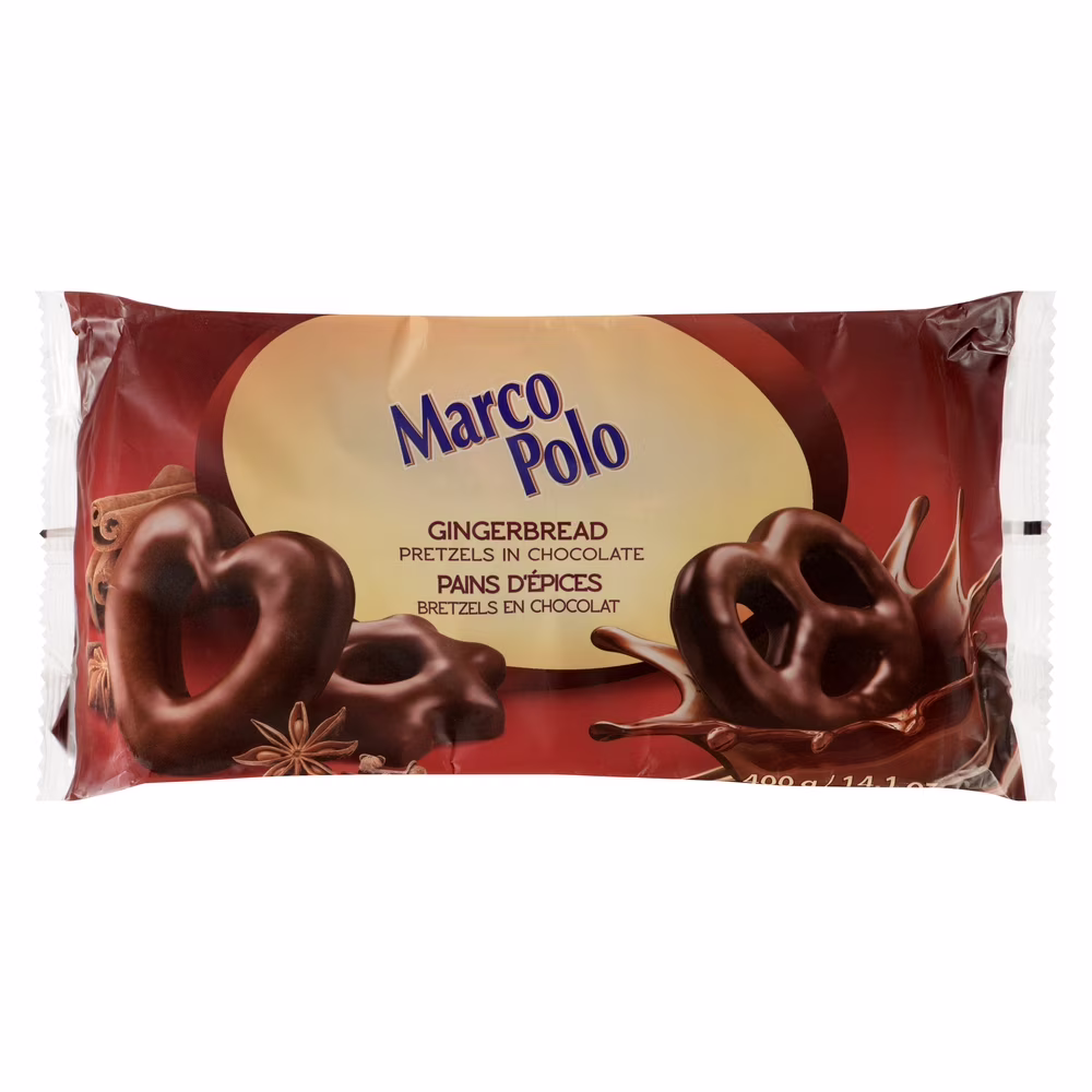 Marco polo bretzels au pain d'épices recouverts de chocolat.