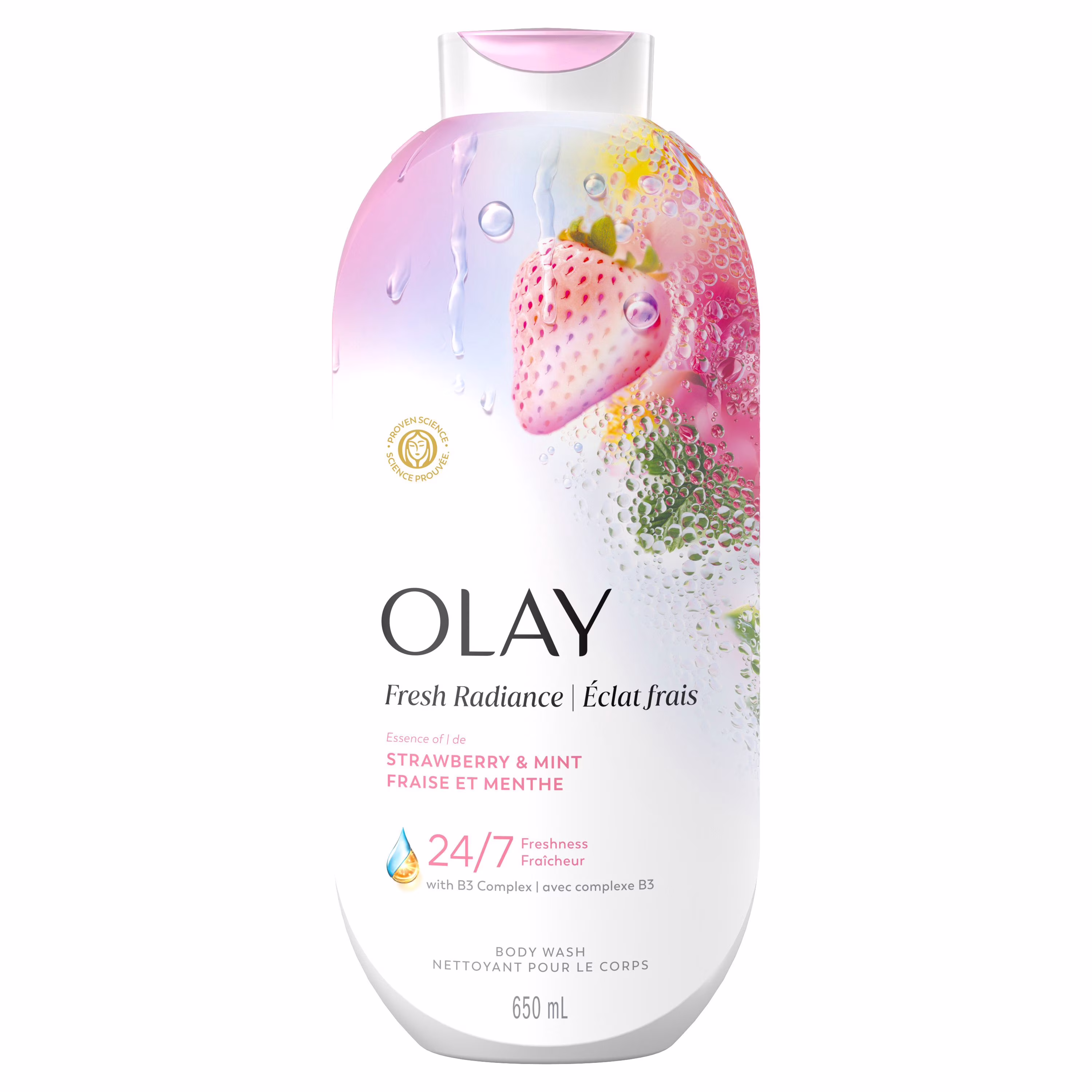 Nettoyant pour le corps Éclat frais avec essence de fraise et de menthe et mélange de vitamine B3 et dantioxydants
