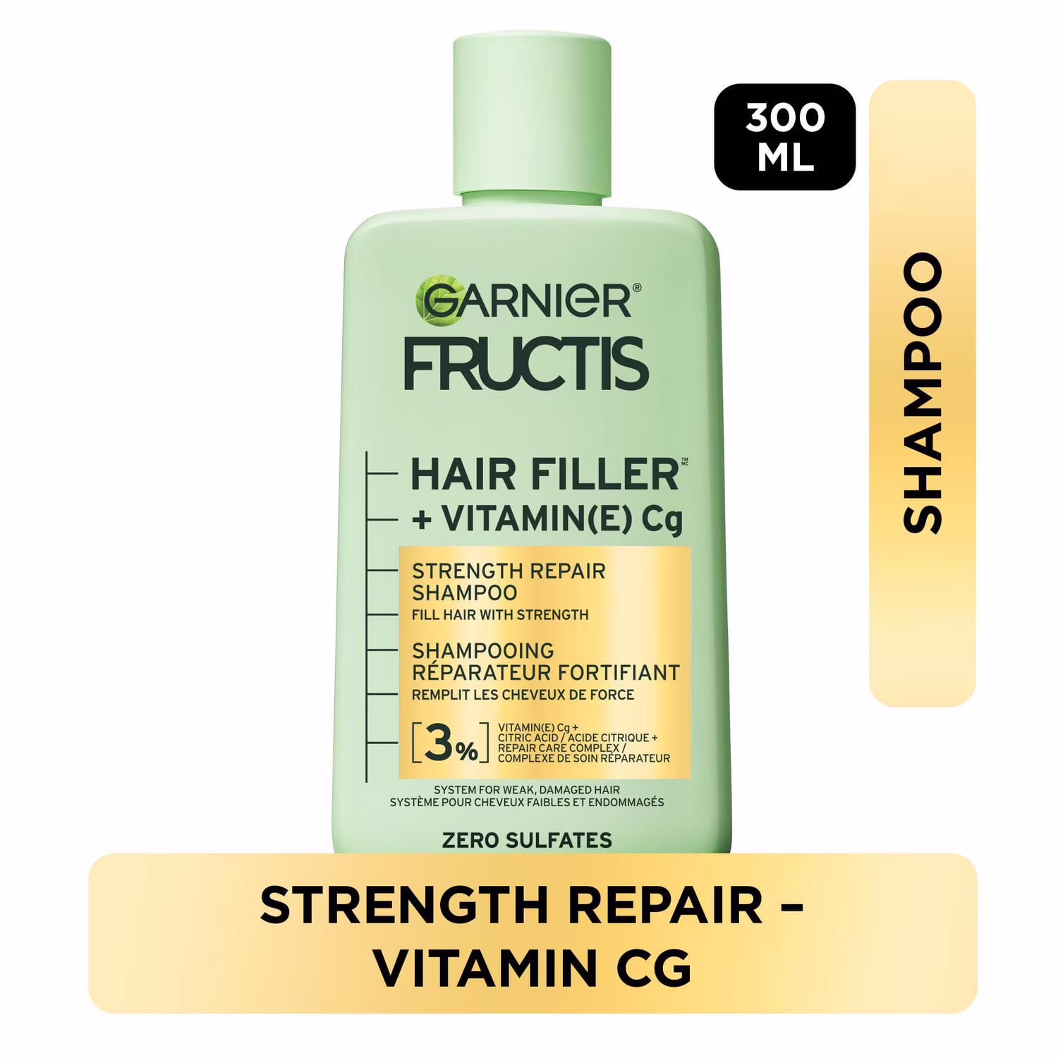 Garnier fructis hair fillers + vitamine c shampooing sans sulfates réparateur et fortifiant. pour cheveux faibles et endommagés. jusqu'à 4x moins de cassures & 79% de force en plus.  renforce les cheveux abîmés