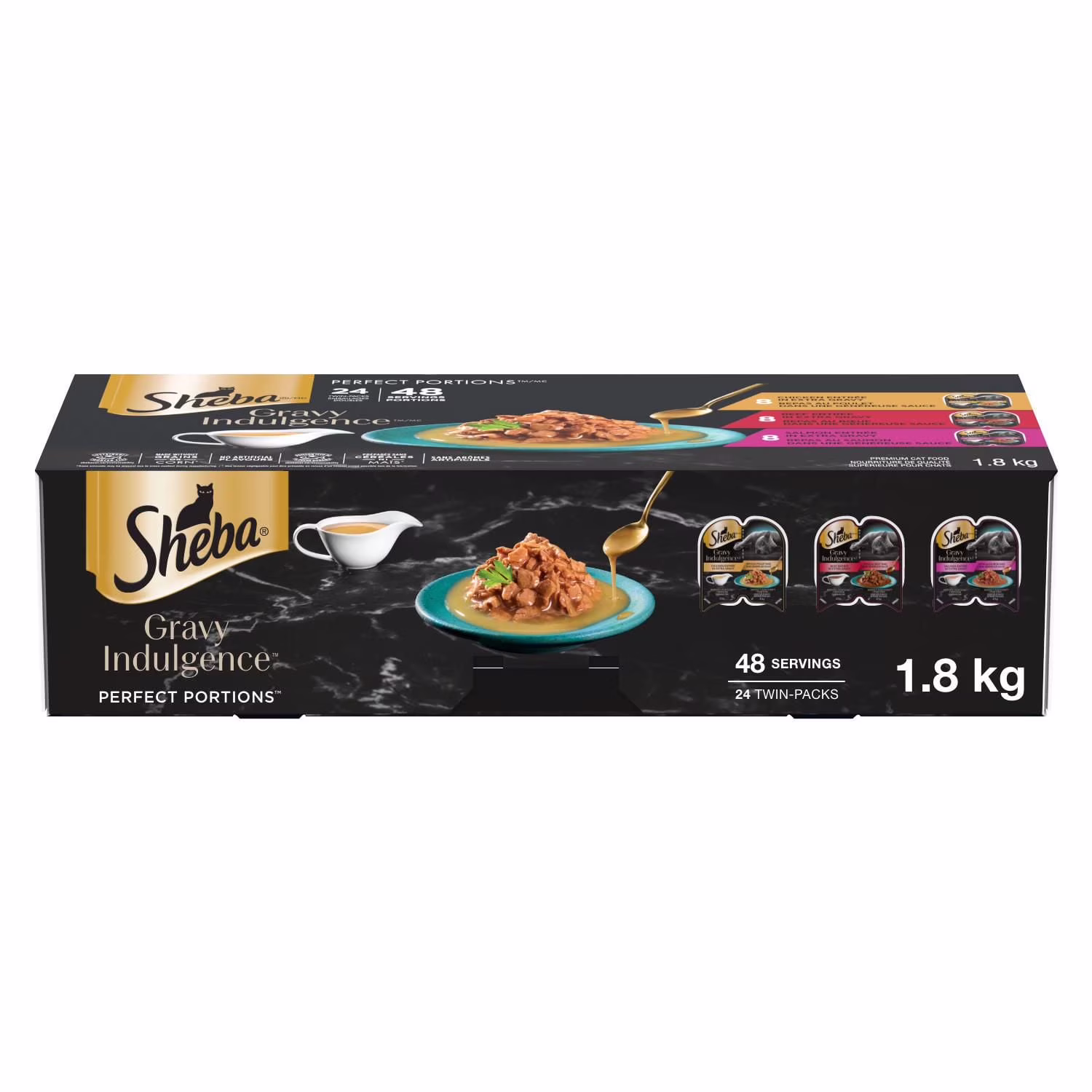 Sheba gravy indulgence perfect portions nourriture humide pour chats adultes entrée au poulet & boeuf & saumon dans une sauce extra variété lot de 48