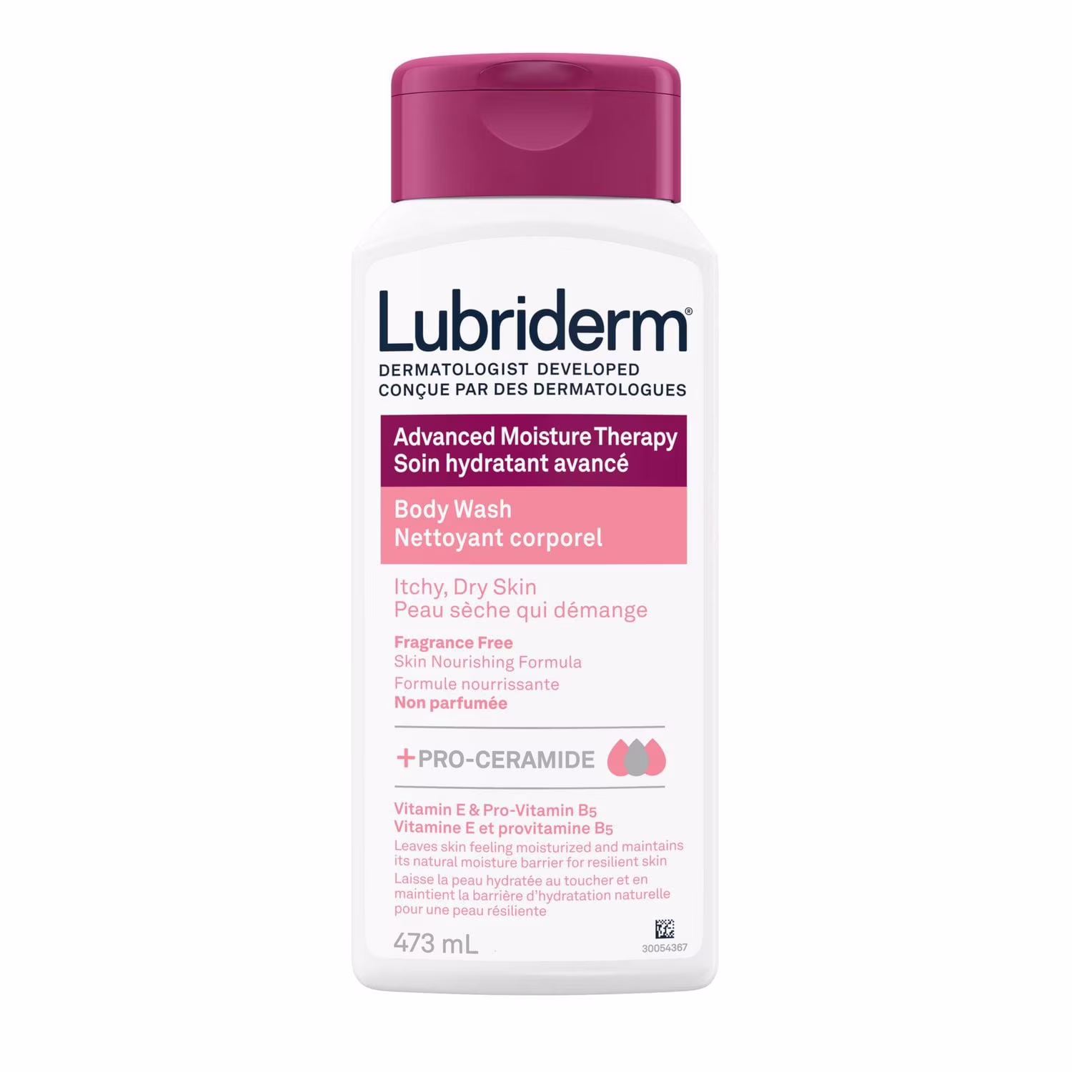 Lubriderm soin hydratant avancé nettoyant corporel. nettoyant nourrissant non parfumé avec pro-céramide. vitamine e et provitamine b5 nettoie en douceur la peau sèche qui démange. sans parfum. hypoallergénique