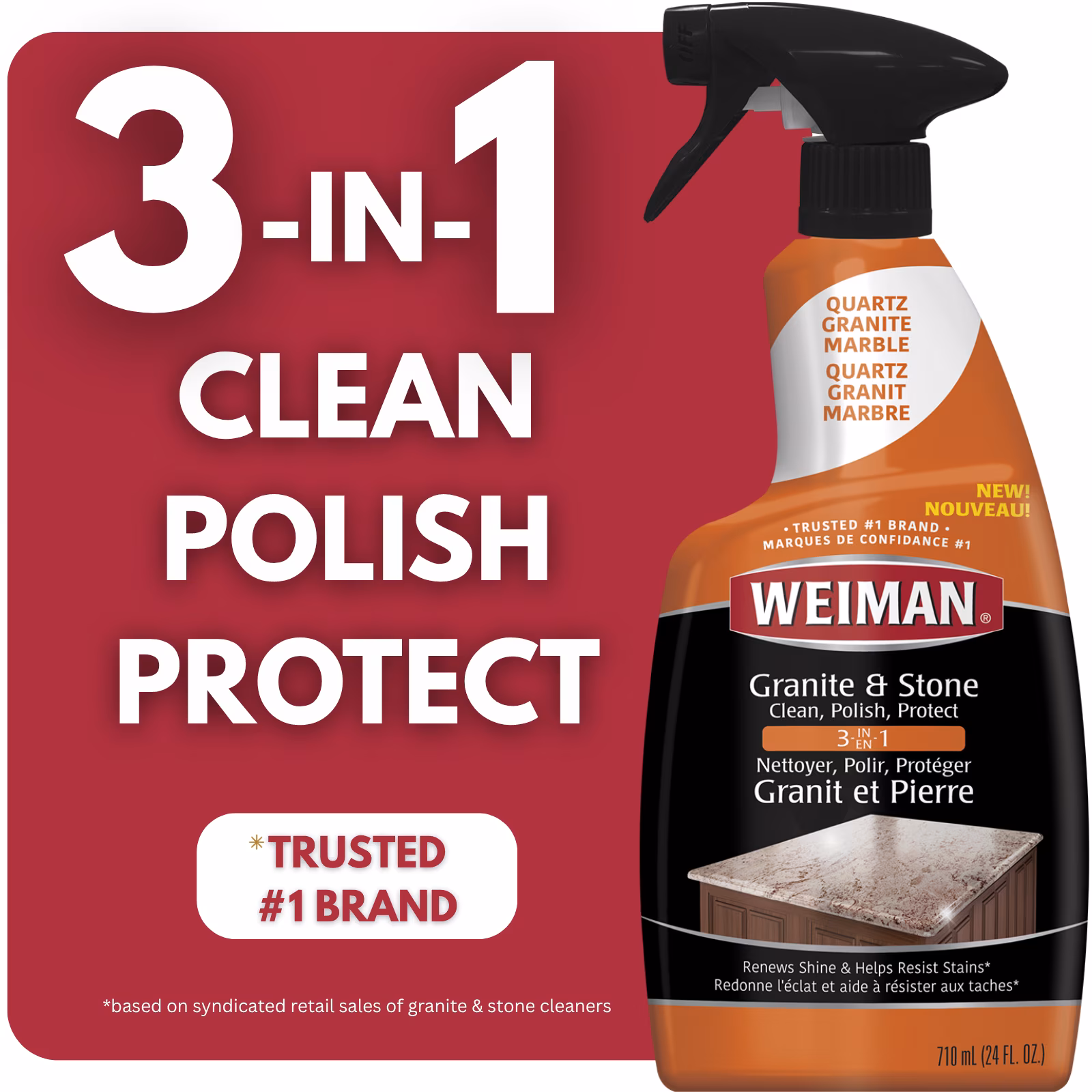 Weiman vaporisateur 3-en-1 pour granit nettoyer. polir et protéger. redonne l'éclat. résiste aux taches.