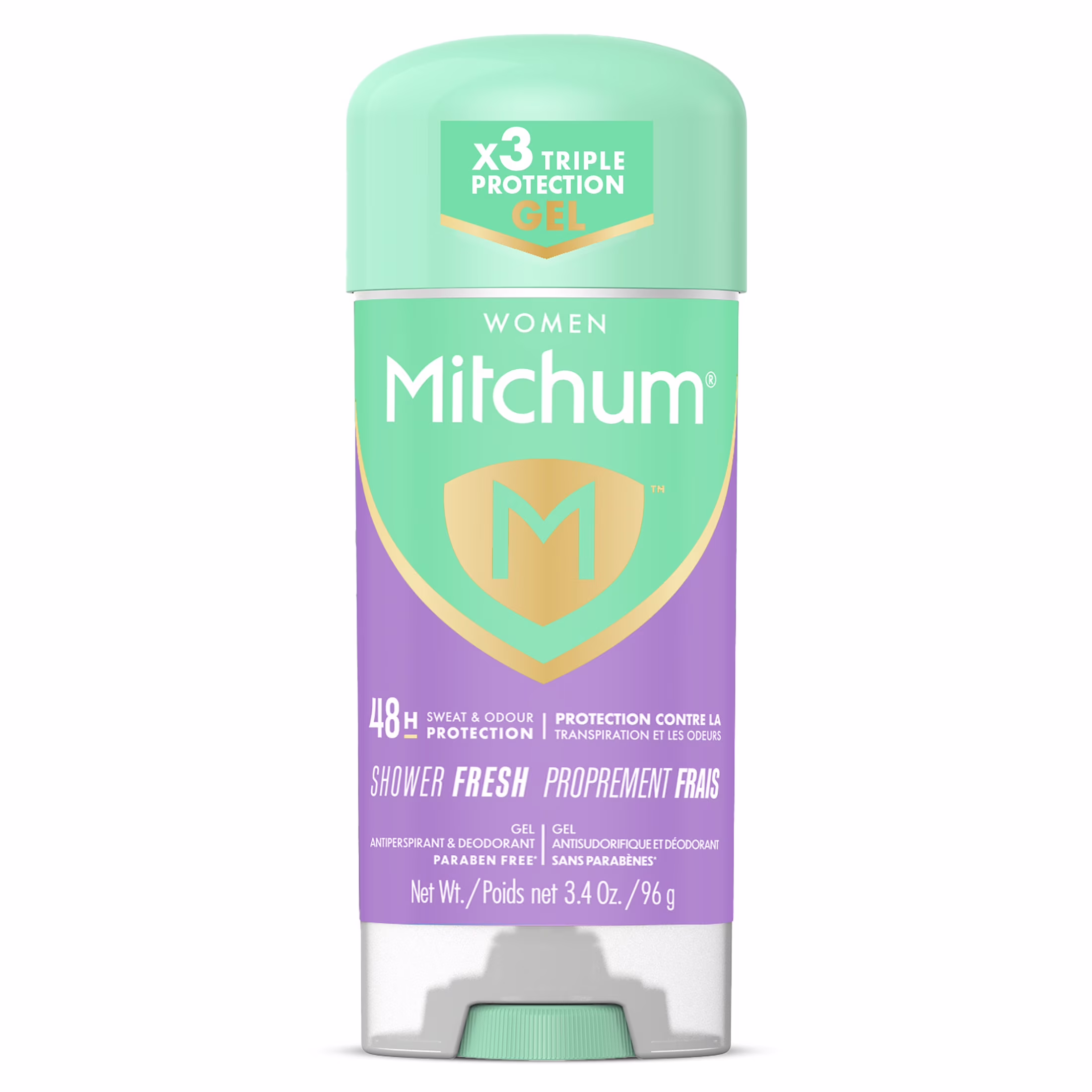 Gel antisudorifique et désodorisant mitchum femmes. protection de 48 heures contre les odeurs. proprement frais.