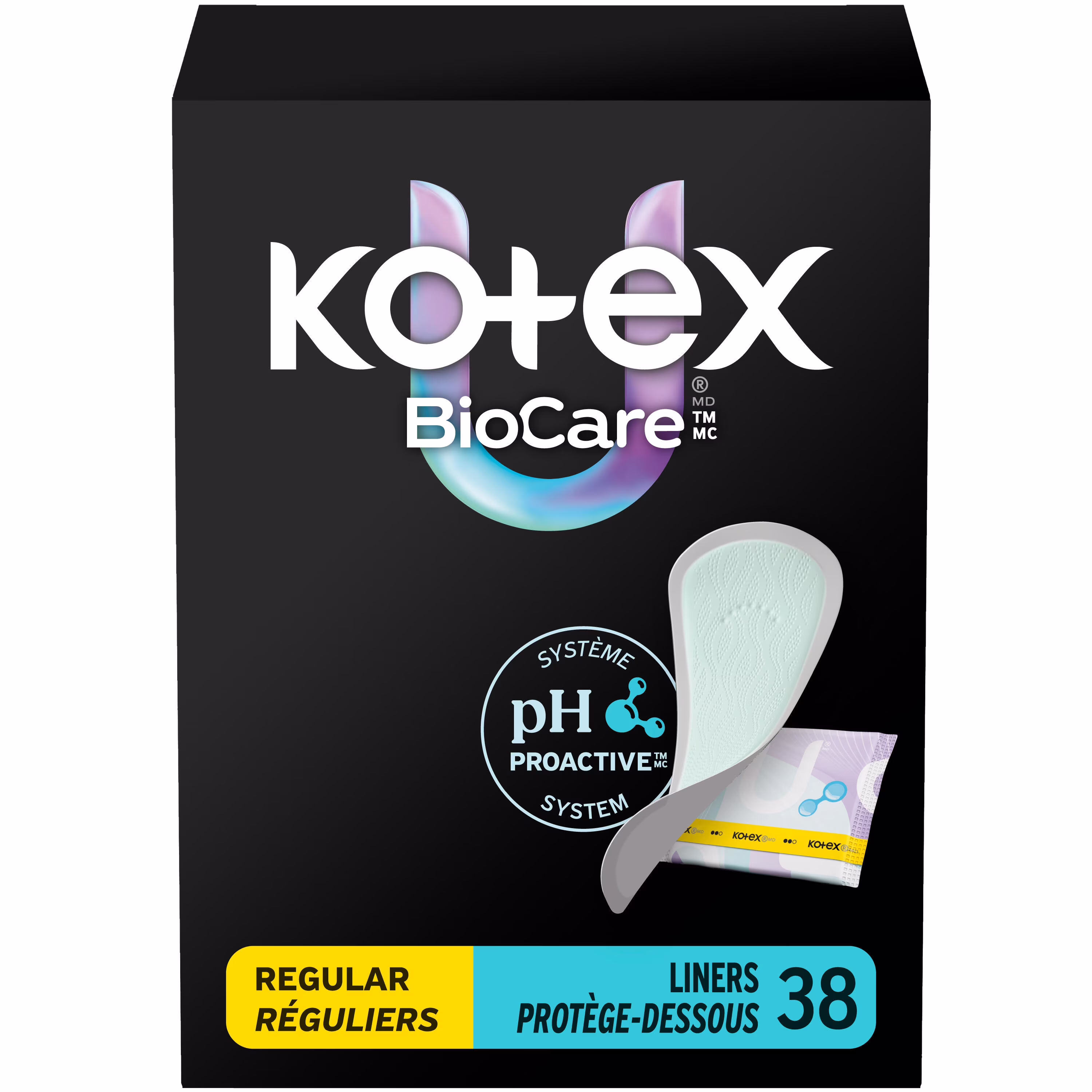 Protège-dessous pour le quotidien emballés kotex biocare. absorption légère. longueur régulière. 38 unités