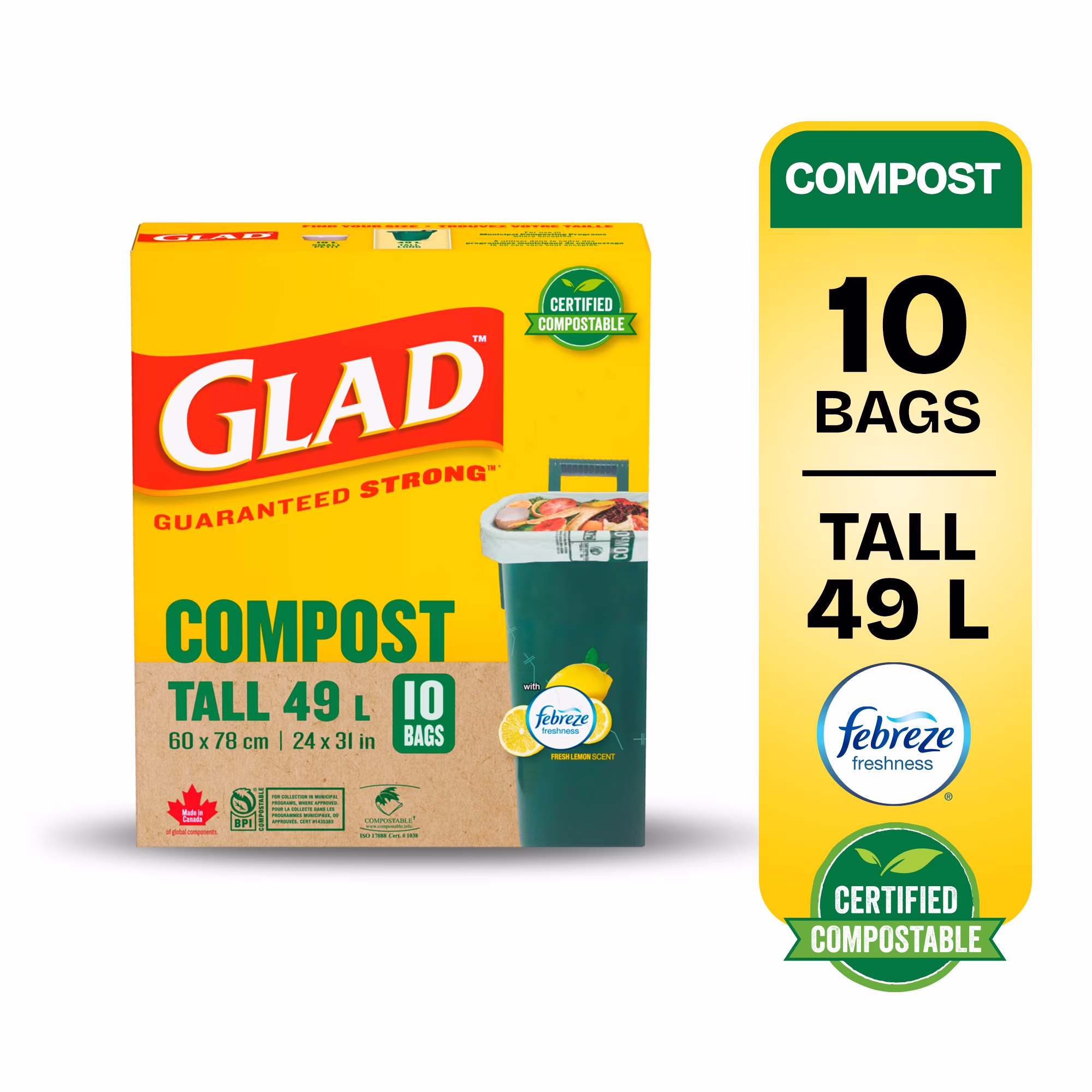 Sacs longs 100 % compostables à nœud facile de glad avec technologie anti-odeurs. parfum de citron 10 sacs. parfum de citron