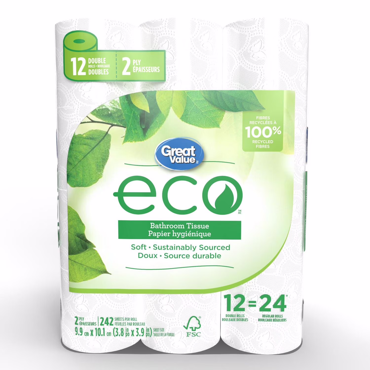 Great value eco papier hygiénique. 12 rouleaux doubles. 242 feuilles 1224 rouleaux. 242 feuilles