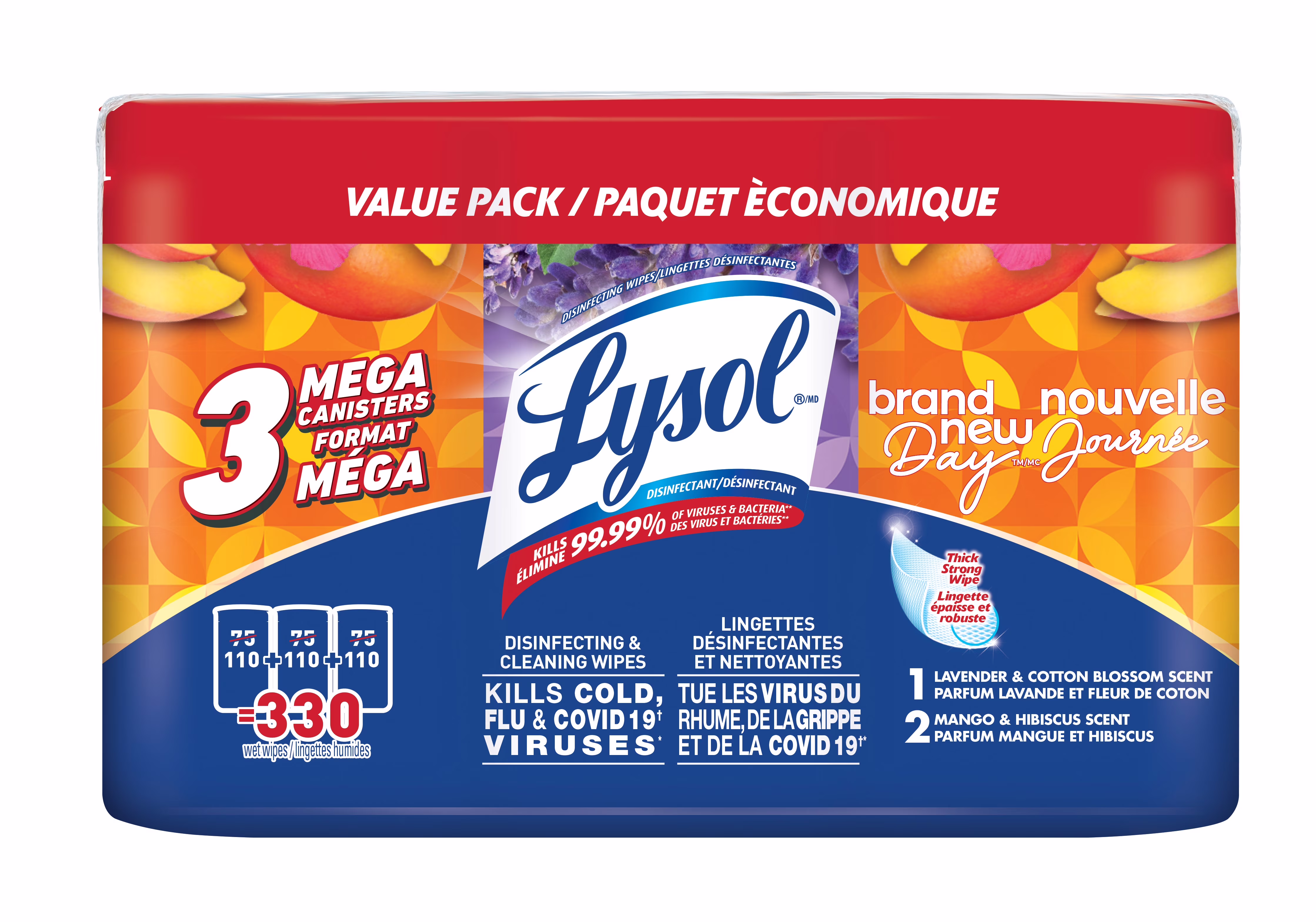 Lingettes désinfectantes lysol - brand new day 2 sachets mangue et hibiscus + 1 sachet lavande et fleur de coton 2 paquets