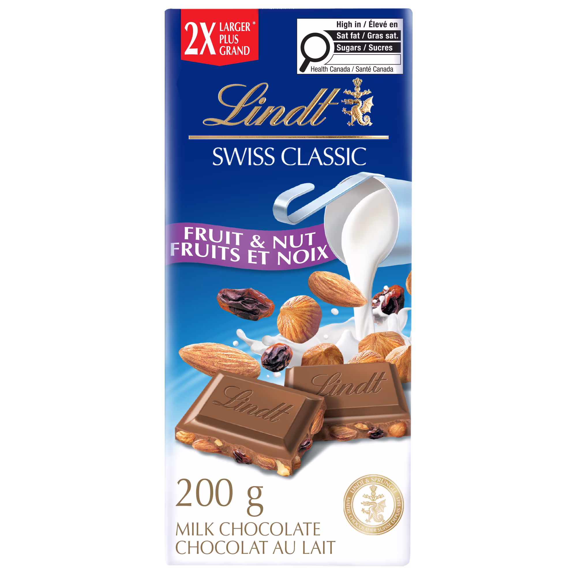 Tablette de chocolat suisse au lait avec raisins secs,noisettes et amandes