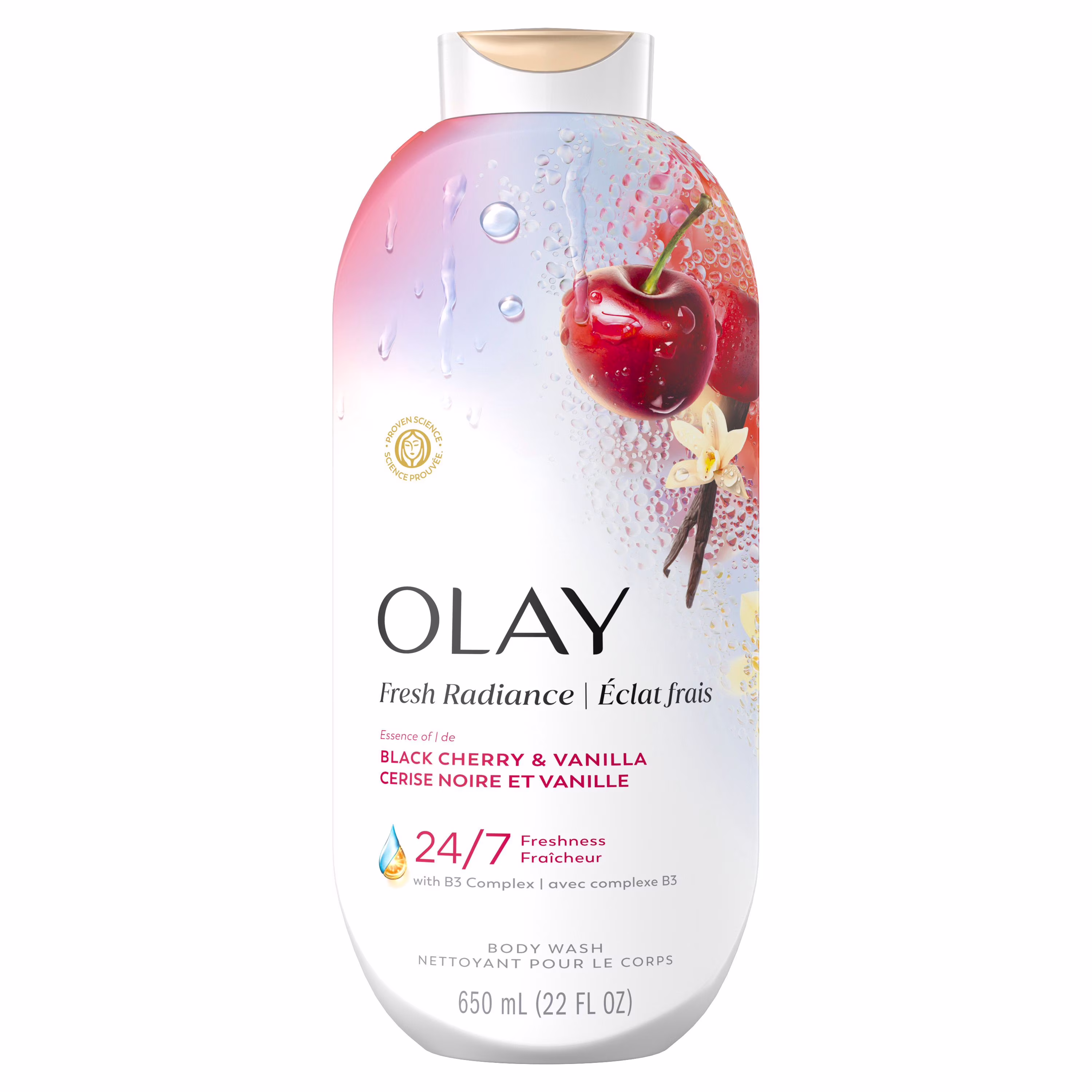 Nettoyant pour le corps olay éclat frais avec essence de cerise noire et de vanille et mélange de vitamine b3 et dantioxydants